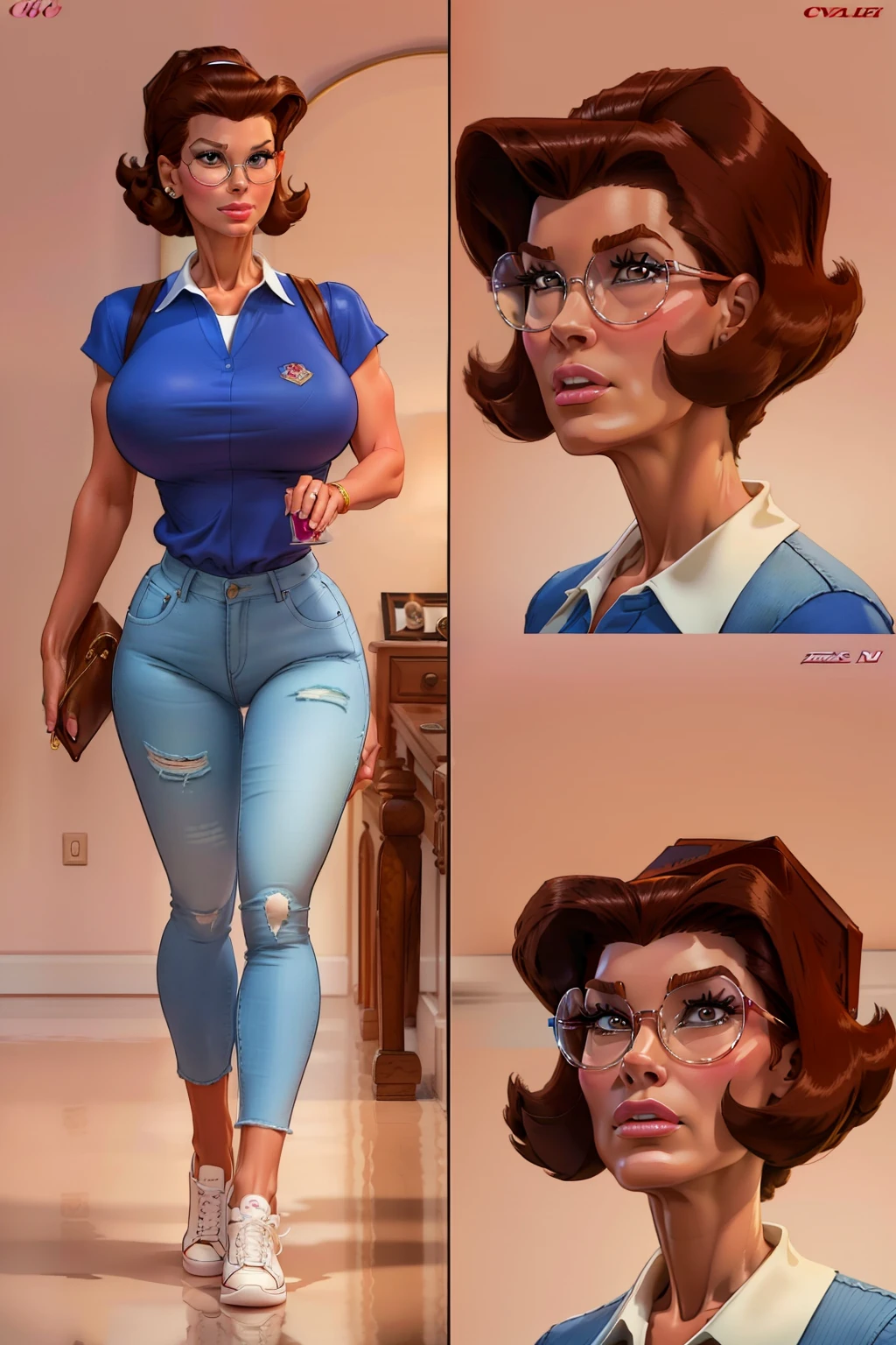 masterpiece, highest quality, (perfect face:1.1) , (high detail:1.1), Peggy Hill, a character from the animated television series "King of the Hill," has a distinctive appearance with her slender, somewhat lanky physique. She typically wears her auburn hair in a short, bob-like cut and sports large, square-shaped glasses. modest no sleve collared shirt, blue jean shorts, and white sneakers. Peggy's unique features include her prominent, narrow nose and expressive, almond-shaped brown eyes. She's characterized by her distinctively prominent, pointed nose and slightly exaggerated chin