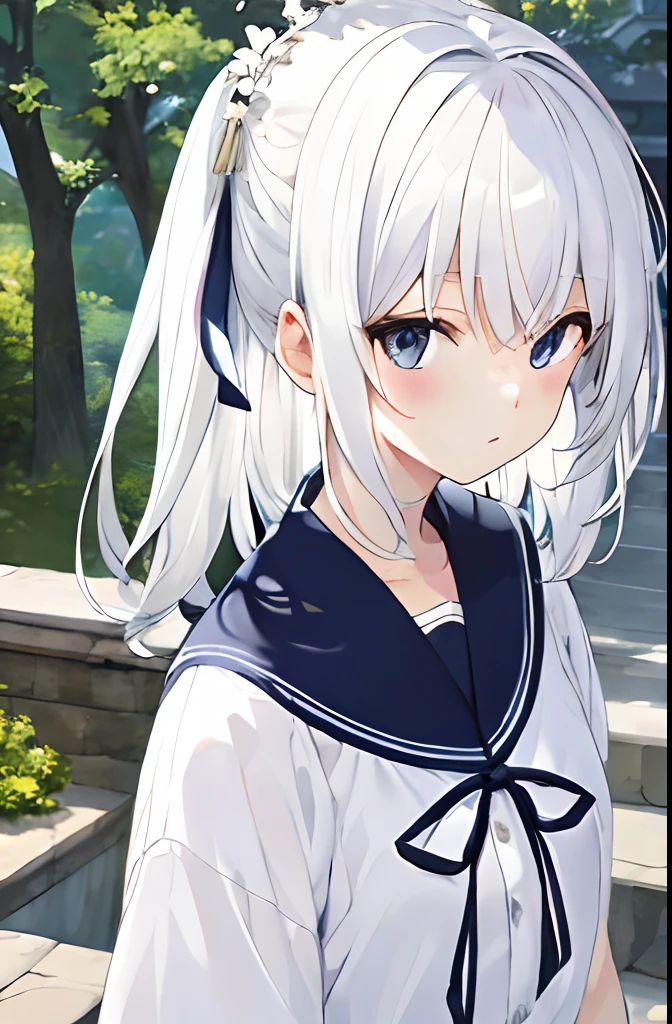 masterpiece、top-quality、white hair、校服、a beauty girl、Long