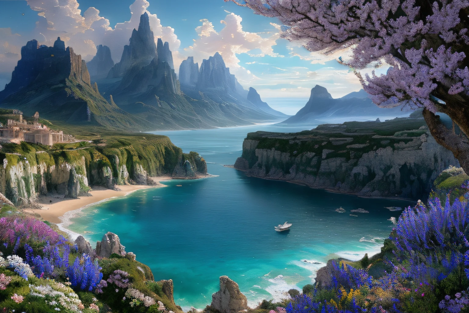 Landscape inside the earth, mer cristalline bleu profond,fleurs, Eau cristalline, ciel azur lumineux, ,(Highly detailed CG Unit 8k wallpaper), The most beautiful work of art in the world, Professional majestic oil painting, complexe, High detail, mise au point nette, dramatique, Art of photorealist painting, Alma Tadema