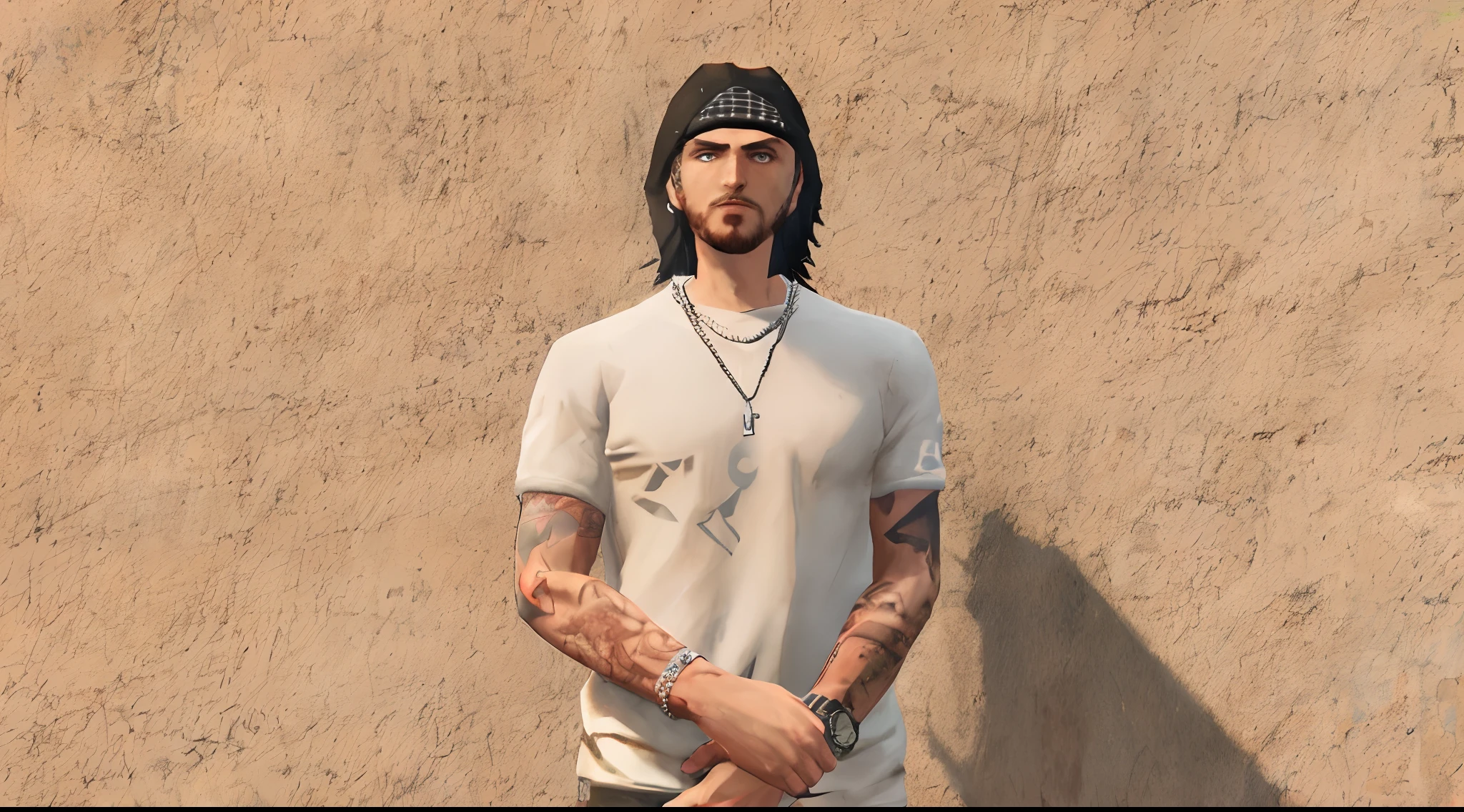 arafed man with a tattoo on his arm standing in front of a wall, jesse pinkman in gta v, gta character, as a character from gtav, gta 5 skin tone, gta v character, highly detailed full body, no hood | | realistic shaded, style of gta v, arms covered in gang tattoo, as the protagonist of gta 5, detailed upper body
