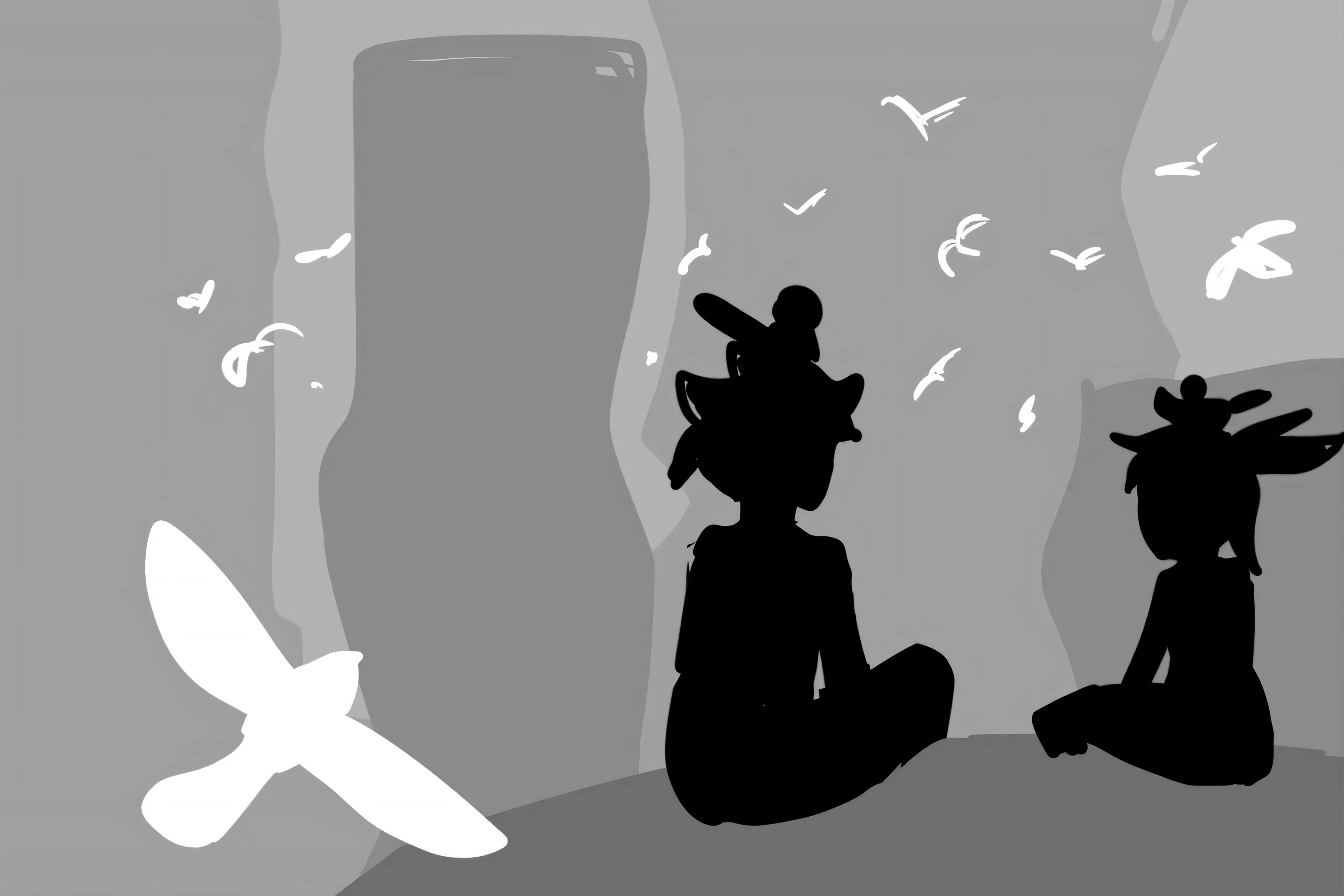 Two people sat on the ground，Birds fly around, figure silhouettes, mostly greyscale, inspired by Lotte Reiniger, contours, limbo game, Silhouette :7, inspired by Jean Tabaud, siluette, they sit next to a pile of bones, inspired by Tetsugoro Yorozu, Crowded silhouette, stylized silhouette, animated still