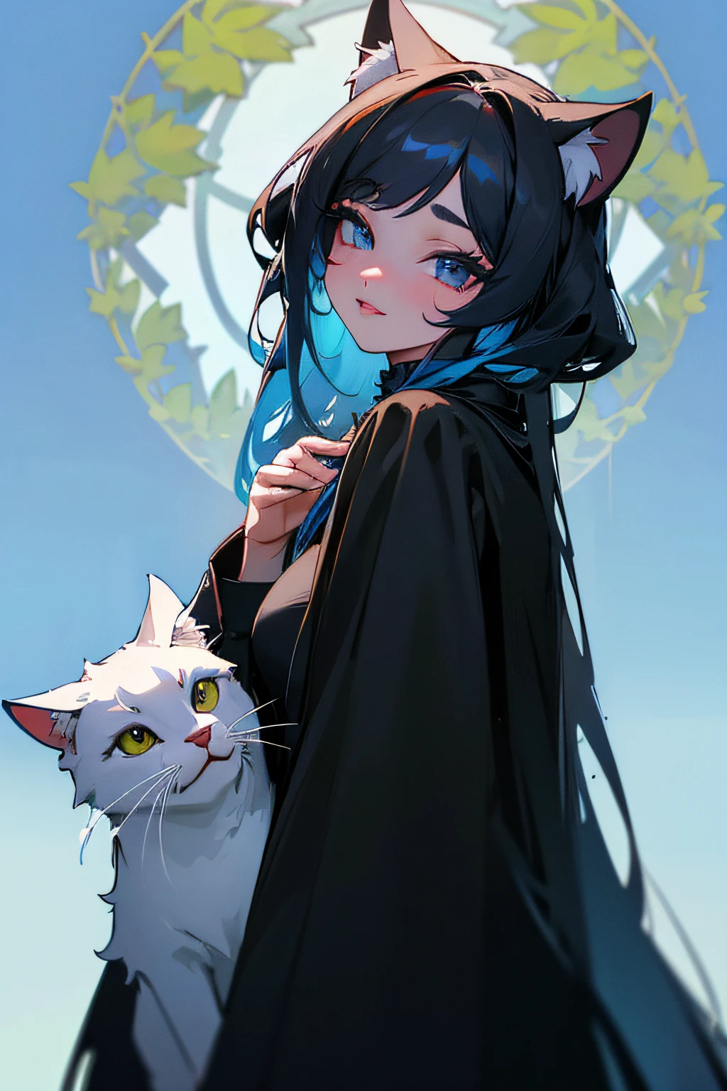 (hight resolution,Masterpiece:1.2),Vivid colors,beautiful detail eyes,beautiful detailed lips,long eyelashes,black coat,fluffy fur,cute expression,Feline Grace,Let's move on to the camera,on a blue background,Greenery and plants on stage