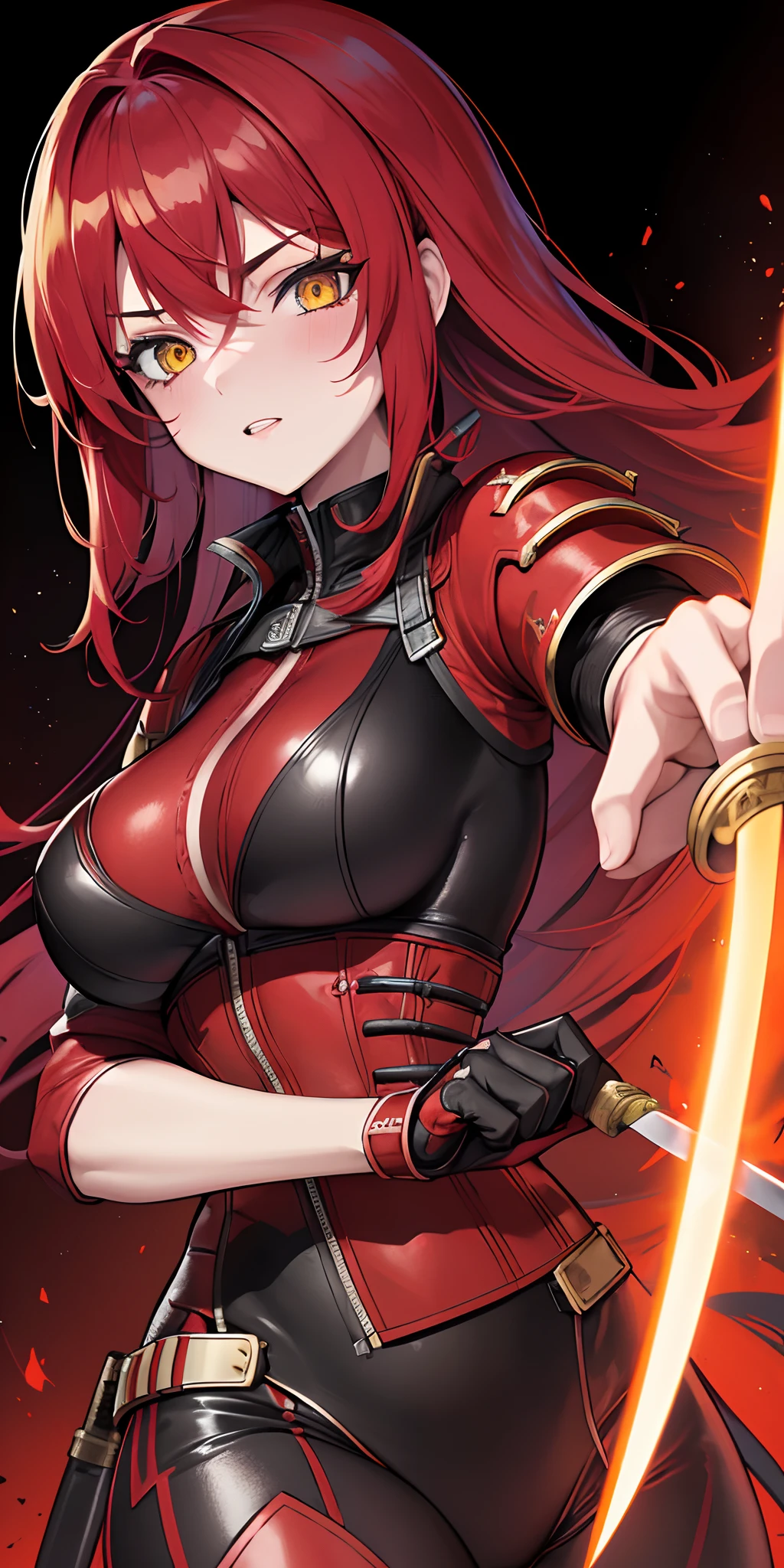 (beste-Qualit, tmasterpiece, 4k), 1girl, Scarlet from Mortal Kombat in her battle suit with red hair and yellow eyes with a katana