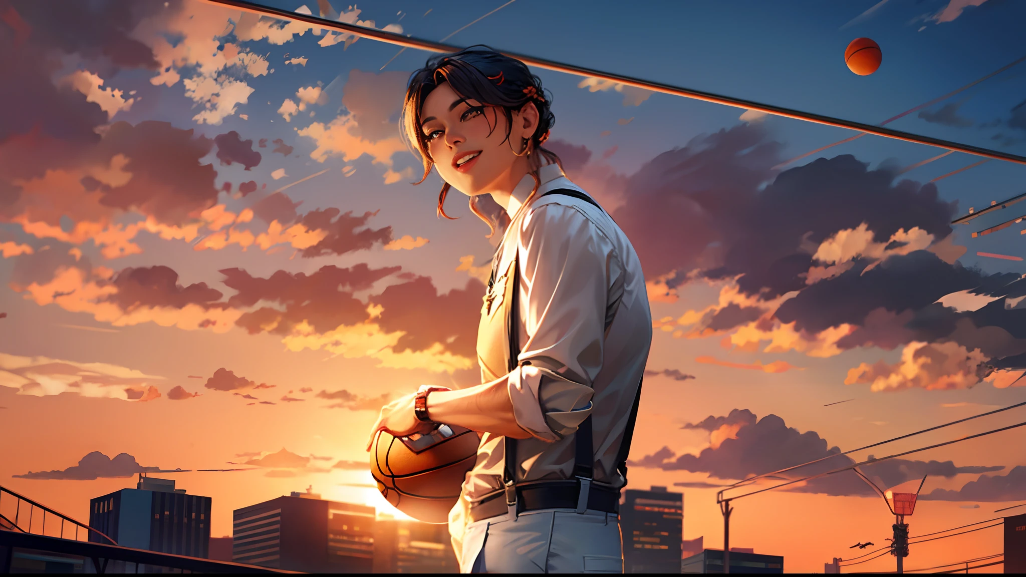 the sunset，eventide，middle parted hairstyle，Suspenders，Raise Hand，basketball ball