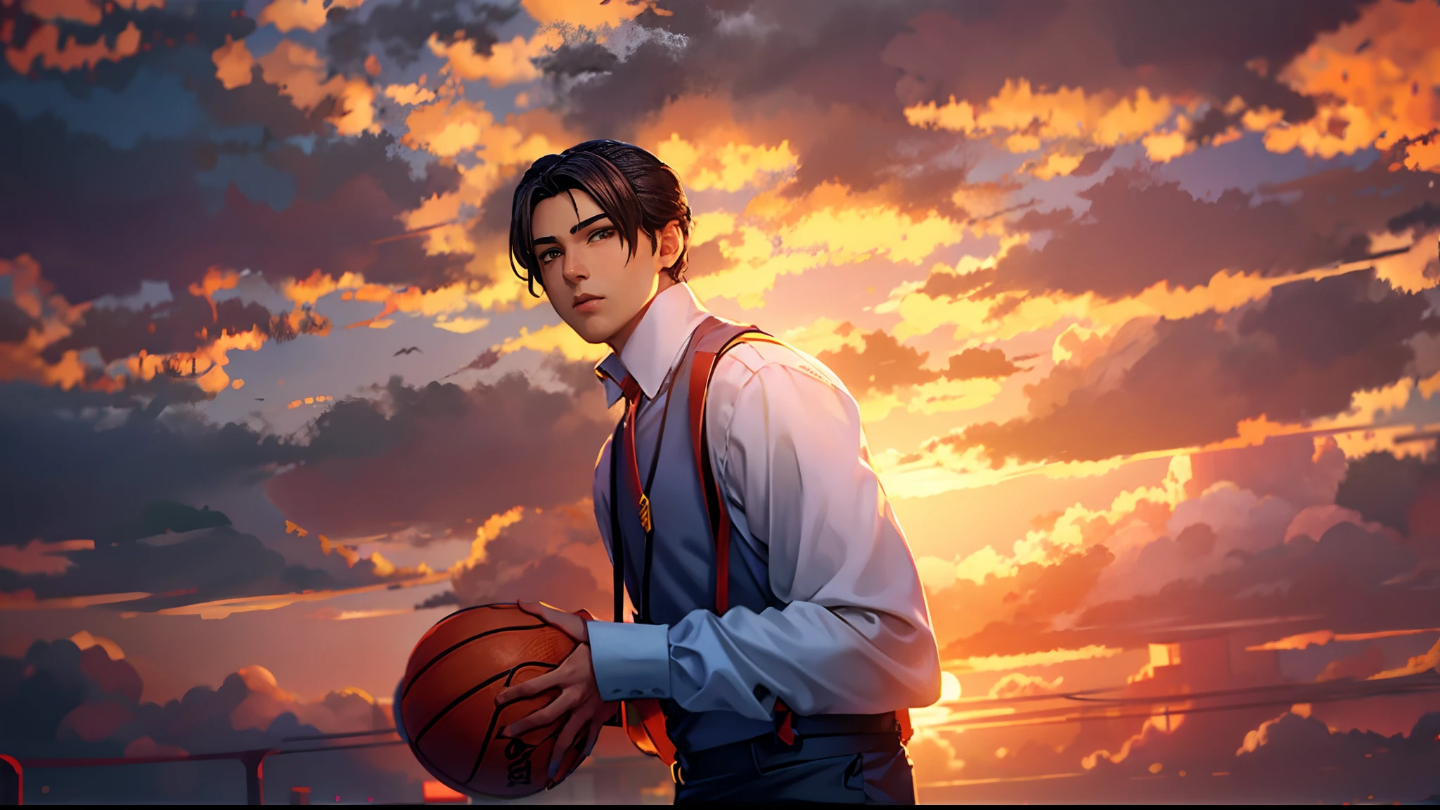 the sunset,eventide,middle parted hairstyle,Suspenders,mano,basketball ball