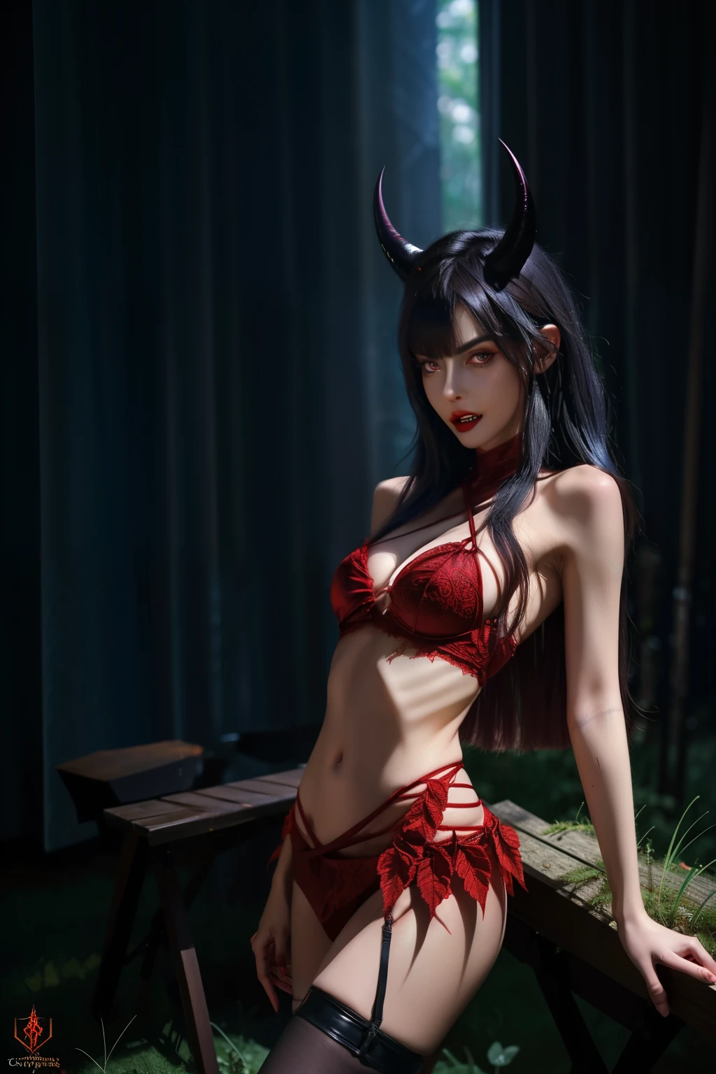 (best quality,4k,8k,highres,masterpiece:1.2),ultra-detailed,horrifying,gruesome,hellish,nightmarish,demonic presence,dark atmosphere,red and black colors,ominous shadows,eerie glow,ominous energy,otherworldly beauty,detailed facial features,glistening red eyes,sharp fangs,pale white skin,erotic undertones,sinister allure,seductively posed,dark, twisted horns,writhing serpents for hair,sultry,provocative,naked body,thorny black wings,black claws,misty woodland background,legs open wide, hands on breasts,mouth opem, glistening skin, seductive eyes,black hair,exposed body,kindgom of lust context, fallen princess