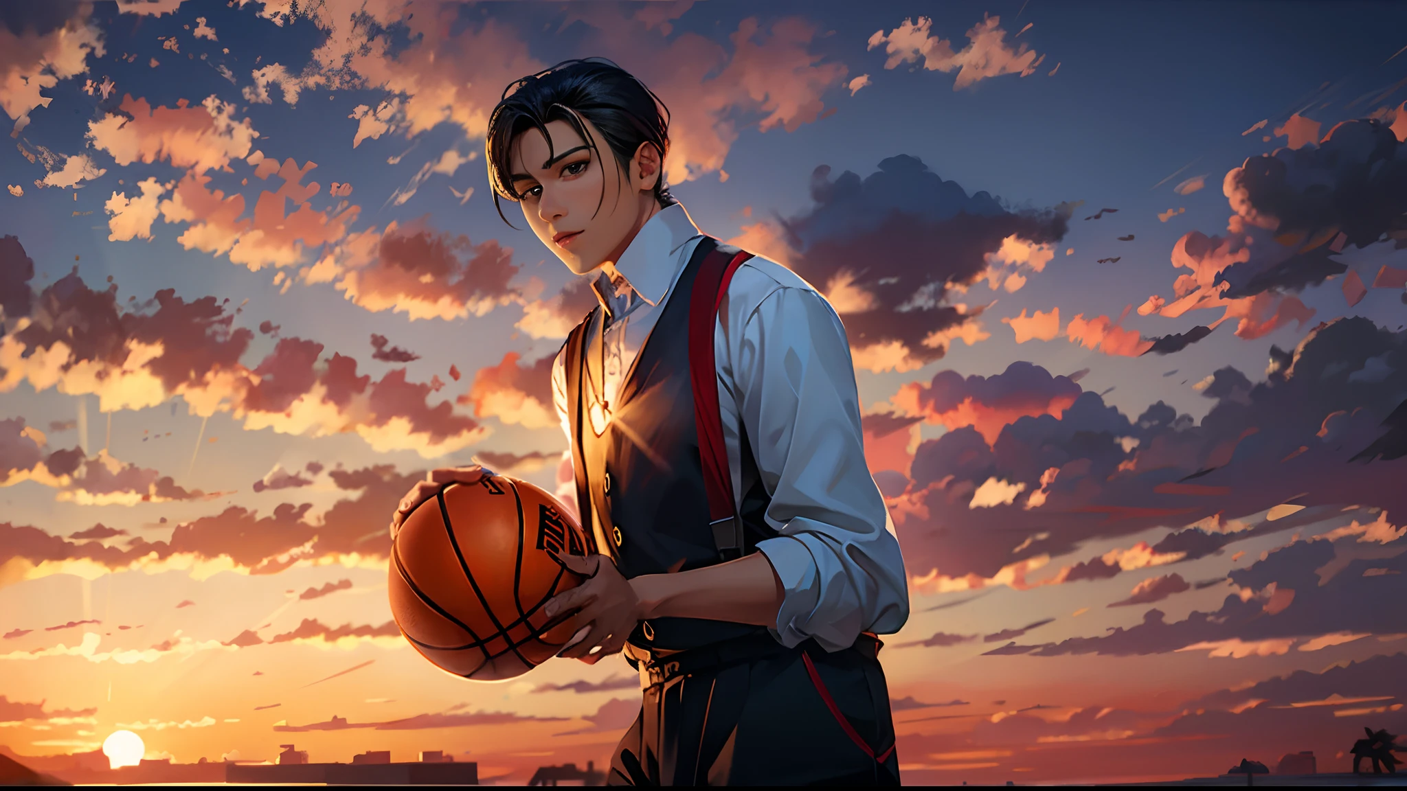 the sunset,eventide,middle parted hairstyle,Suspenders,mano,basketball ball