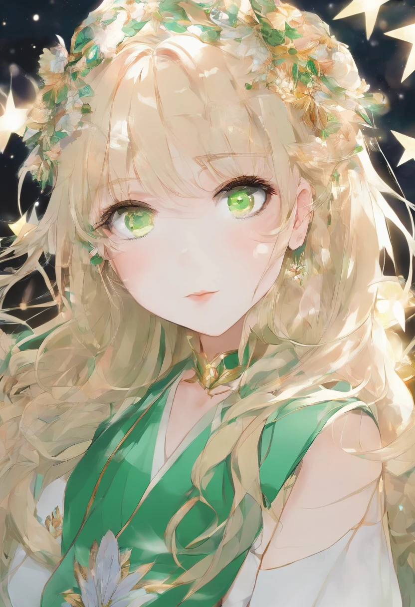 (((absurderes))), (((Best quality))), Portrait, Digital art, (trending on artstationh), ((1girll)), ((green shine eyes)), Star-shaped eyes, Beautiful, (Long beige blonde hair), (((greek clothes))):0.9.