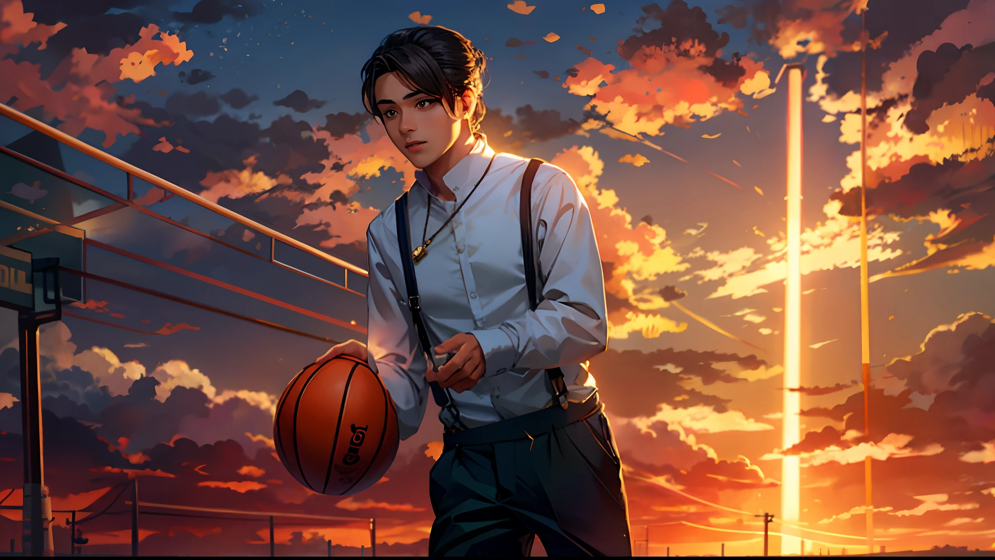 the sunset，eventide，middle parted hairstyle，Suspenders，mano，basketball ball