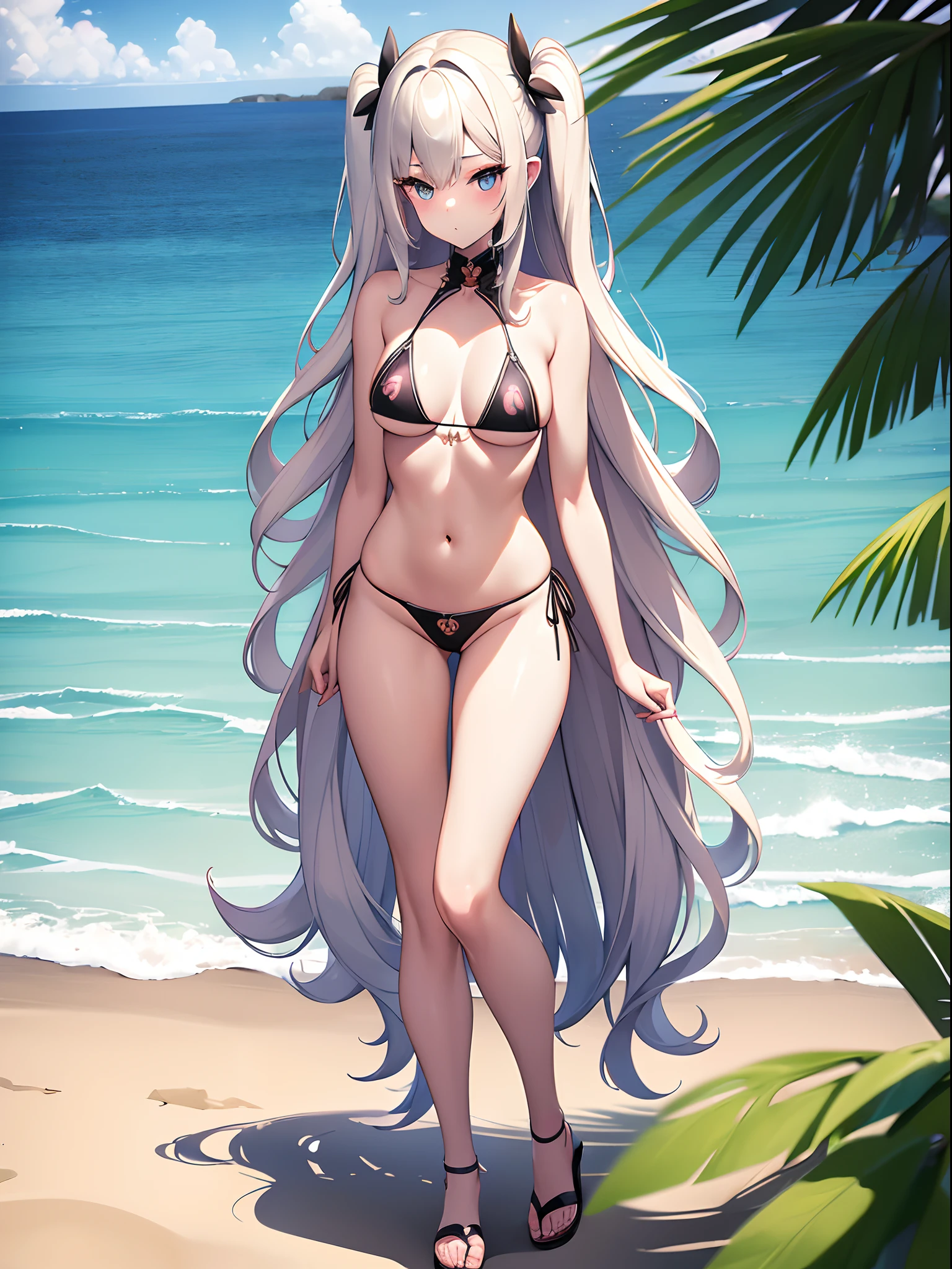 ((Best Quality)), (ultra-detailliert), ((Extremely detailed)), (Beautiful), ((Kawaii Girl)),(two side up hair)、((masutepiece)),Platinum Blonde Hair,Long hair, hair between eye, Wavy Hair, Long sideburns,Jade colored eyes, White skin,Normal Chest,Slender body,side tie bikini bottom、Sandals,in beach,One Woman,Anime