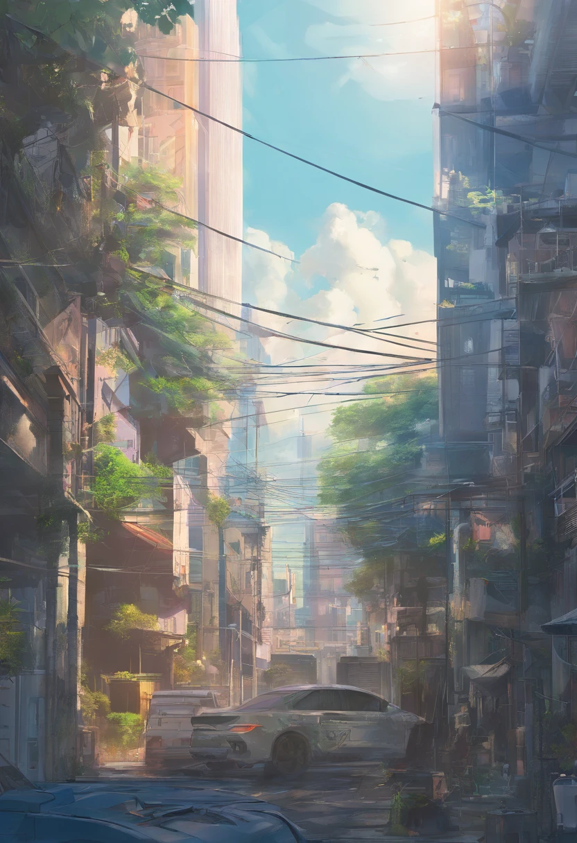 landscape, Summer, Sun, toyko, Building, unmanned, No Man, Hot weather, Blue sky, high definition detail, Ultra detail, film, hyper photorealism, Soft light, Deep focus bokeh, Ray tracing, Gwise on Pixiv Art Station, Makoto Shinkai, Art germ
