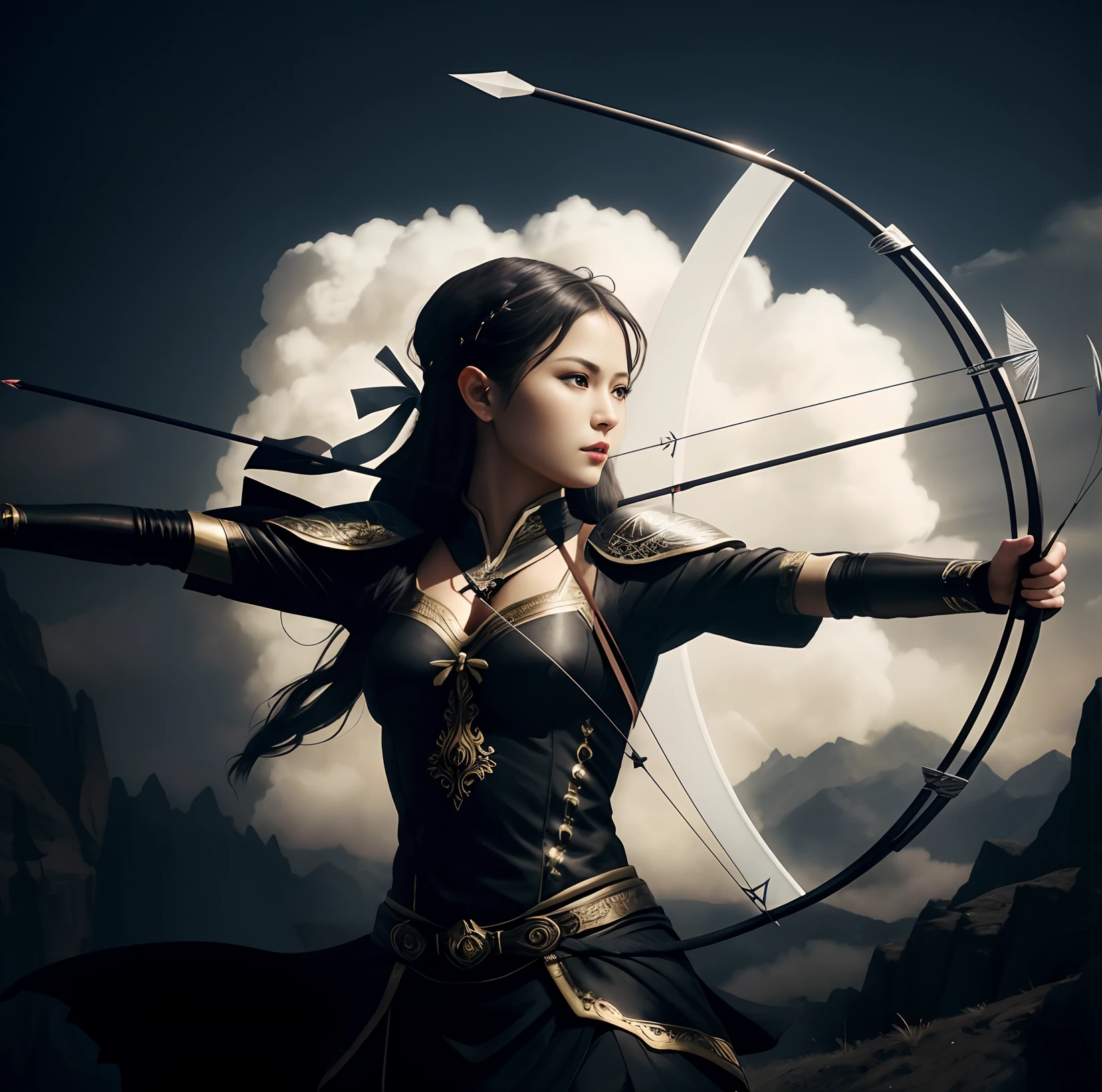 a close up of a person with a bow and a bow in the air, surrealistic digital artwork, beautiful digital artwork, bow and arrow, archer bow, 4k highly detailed digital art, symmetrical epic fantasy art, digital artwork 4 k, 4k detailed digital art, with bow and arrow, dramatic artwork, wide angle fantasy art, fantasy digital art, artistic illustration, dark smoke