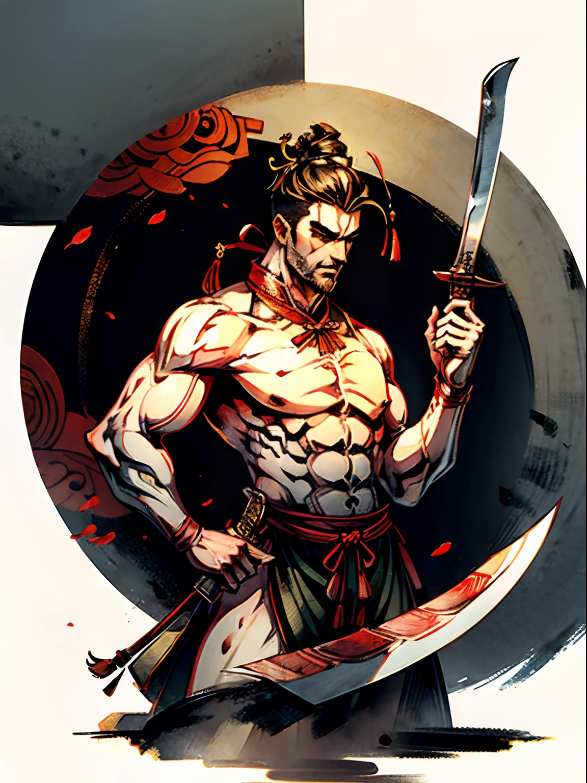 anime character with a staff and a beard, handsome guy, detailed anime character art, berserker portrait, beautiful male god of death, fit male demon with bloodied fangs.