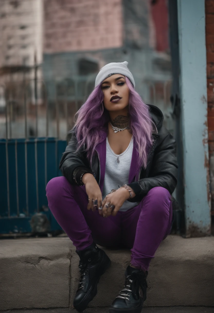 A cool and trendy cat, platinum hair, purple eyes, wearing trendy hip hop clothing, wearing a hoodie, graphic t-shirt and torn jeans, tons of tattoos and piercings, graffiti style background, highly detailed background, perfect masterpiece, high quality, high resolution