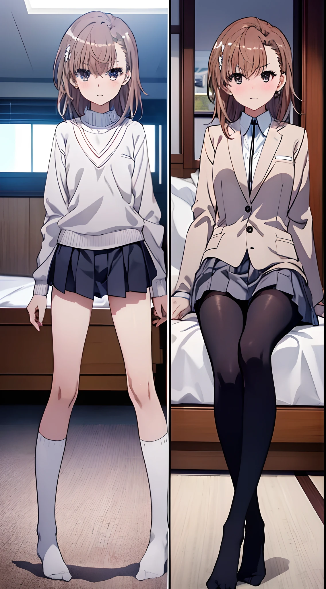 Misaka Mikoto、Misaka Mikoto、Mature and slender body shape1Japan of people18Year old girl、solo、slightly disheveled hair、Full body from head to leg、Composition from slightly below、Sitting facing the front、M-shaped legs、Holding your feet、small tits、High school girl in underwear、White bra、white panties、Black pantyhose、(Black_pantyhose):1.2)、Show white panties through stockings、No shoes、Bedrooms、inside in room、during daytime、Facial expressions of sweating and uplifting、blushing、looking at the viewers、Panchira、Composition from the front、watching at viewers、White panties are visible