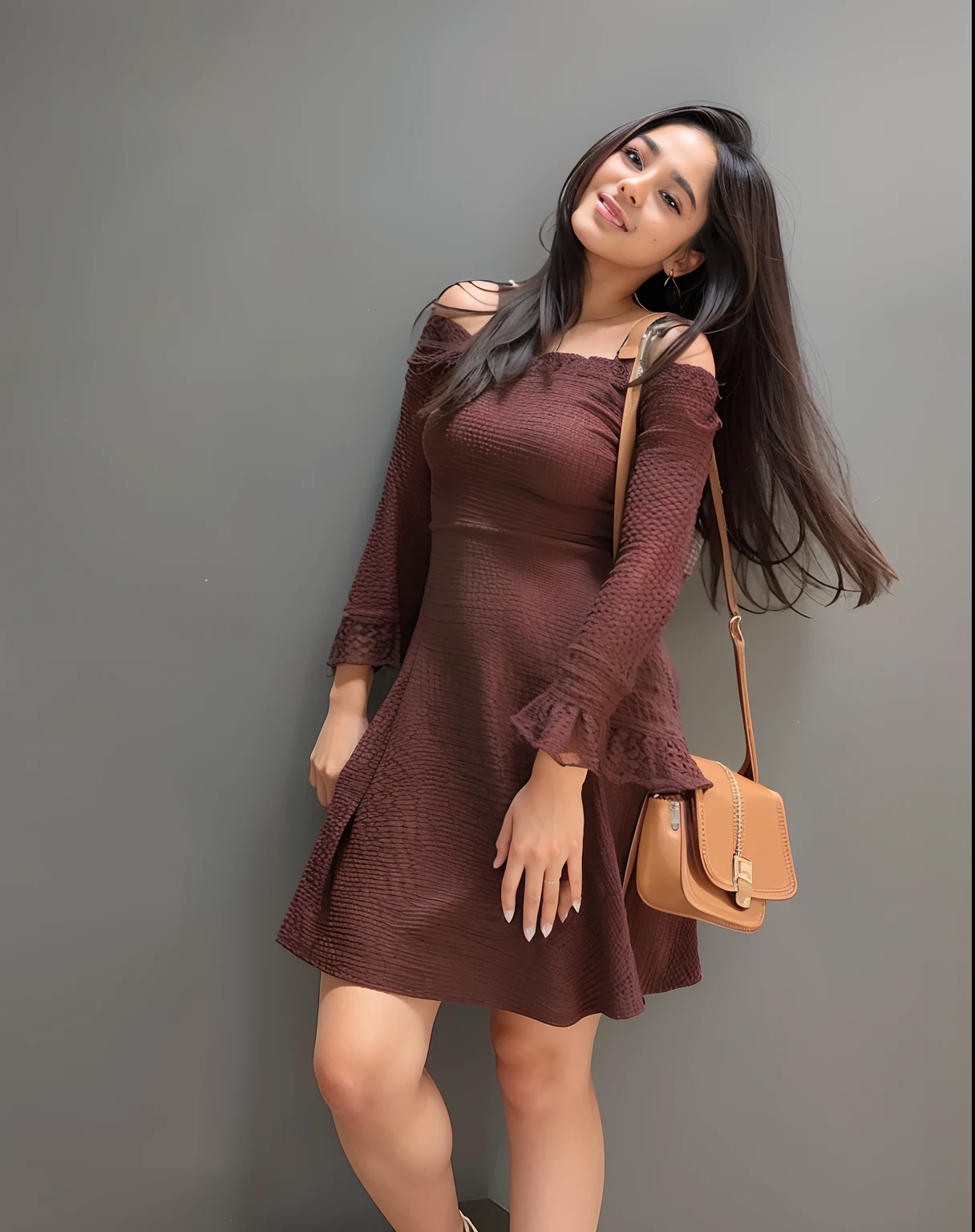 mulher arafed em um vestido roxo posando para uma foto, vestido curto, em vestido marrom de renda, vestido com roupas longas e fluentes, Young lady, em um vestido, linda senhora, 2 Modelo feminina de 4 anos, usando um vestido elegante, Pose casual, usando vestido, Posar, vestido claro meio aberto, Indian girl with brown skin, ela expressando alegria, com pele parda