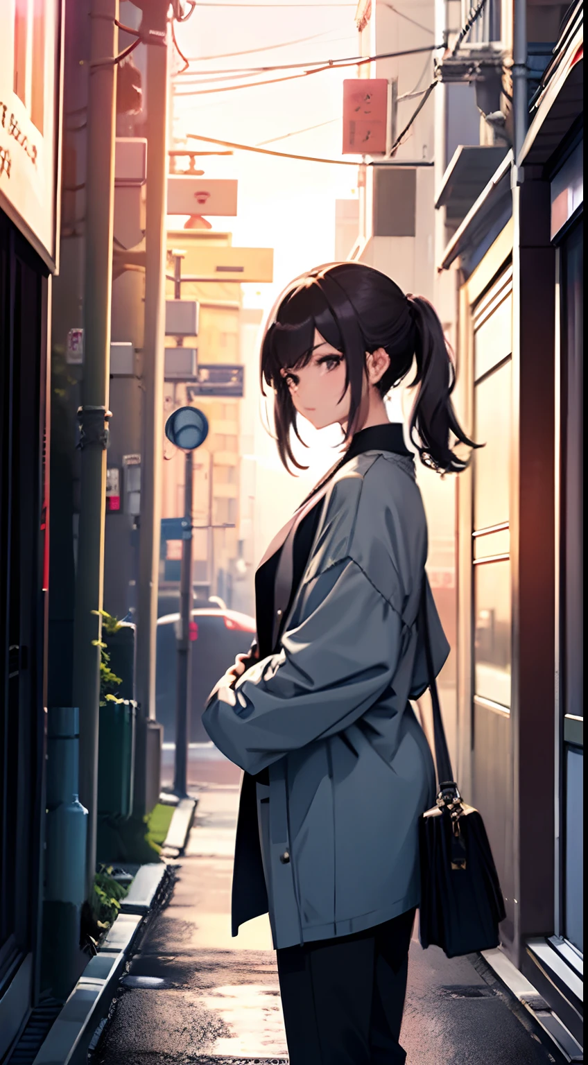 Beautiful woman walking in the back alleys of Tokyo、Fashionable fashion、Casual fashion、Facing backwards、Looking back at this