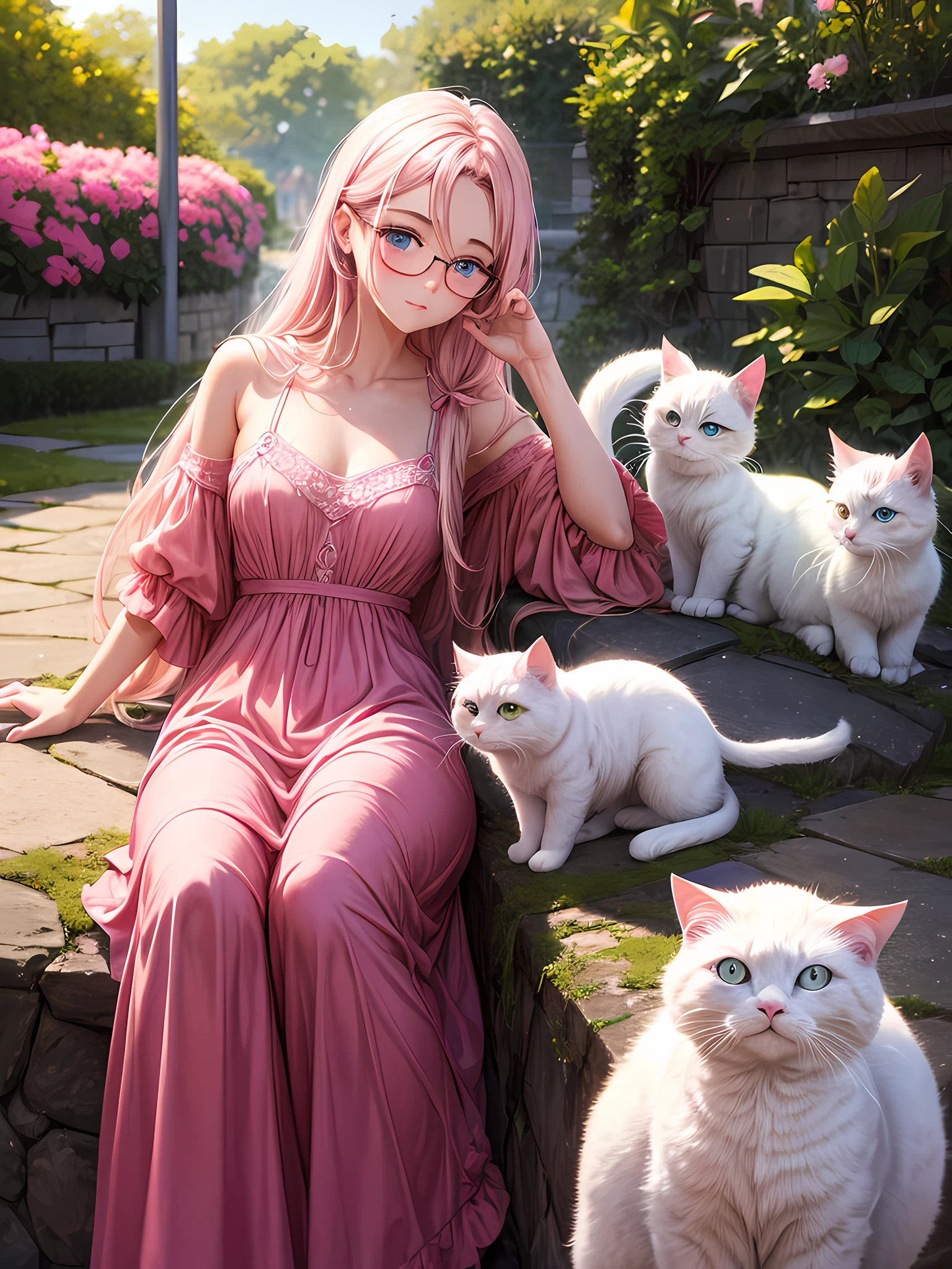 cute lady with eyeglasses and long hair wearing pink dress, beside white cat with blue eyes, absurdres, high resolution, ultrashart, 8k masterpiece, looking at the viewer