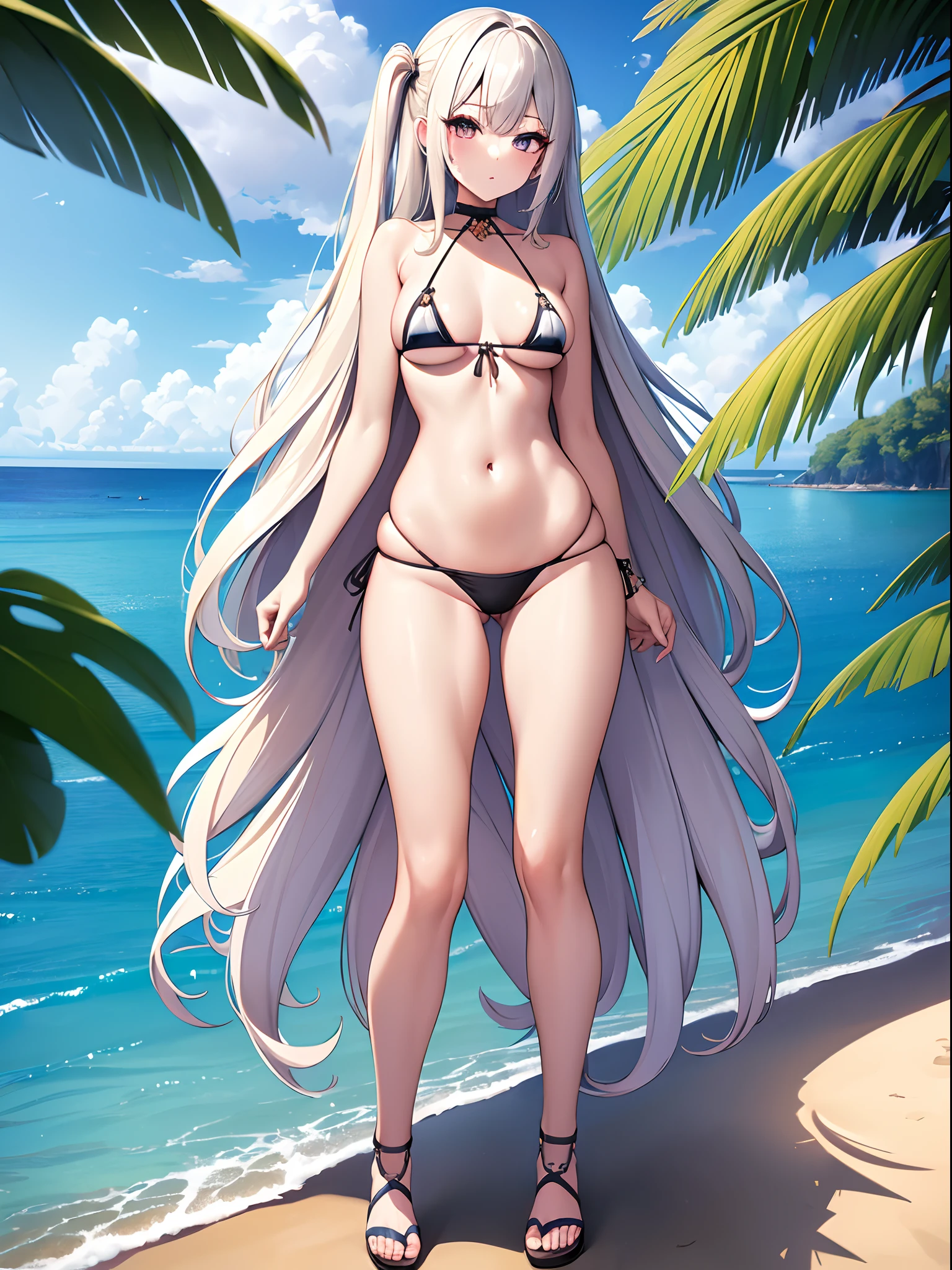 ((Best Quality)), (ultra-detailliert), ((Extremely detailed)), (Beautiful), ((Kawaii Girl)),(two side up hair)、((masutepiece)),Platinum Blonde Hair,Long hair, hair between eye, Wavy Hair, Long sideburns,Jade colored eyes, White skin,Normal Chest,Slender body,side tie bikini bottom、Sandals,in beach,One Woman,Anime