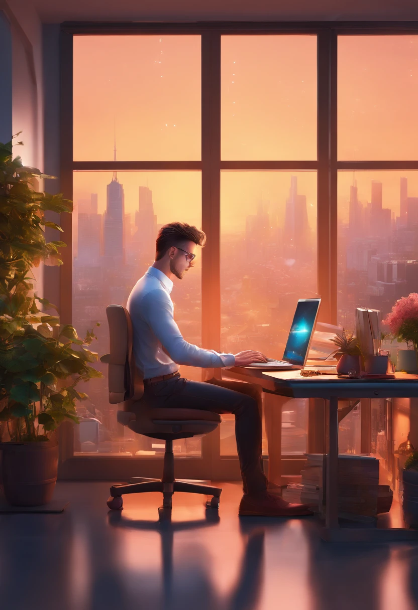 (best quality,4k,highres,ultra-detailed:1.2),a young man,sitting in front of a laptop,white shirt,straight hair,office room,professional environment,concentrated looking,relaxed posture,natural light,neat and organized desk,modern workspace, ergonomic chair,stress-free,productive atmosphere,creative workspace,calm and serene ambience,clutter-free space,computer screen emitting soft glow,keyboard and mouse,decorative indoor plants in the background,window with a view of urban landscape,reflection of the city lights on the glass,peaceful environment,enjoying his work,deep in thought,peaceful music playing in the background,photorealistic style,vivid colors,neutral color palette,subtle shadows and highlights,soft lighting,well-defined facial features,sharp focus on the eyes,hands-on the keyboard and mouse,clear and bright skin complexion,steel frames of glasses reflecting the light,detailed hair strands and texture,relaxed expression on his face,sleek and minimalistic design,high contrast between the subject and the surroundings,perfectly balanced composition,professional and sophisticated appearance,confident body language,intellectual,creative thinker,inspiration and motivation,evoking a sense of productivity and success.