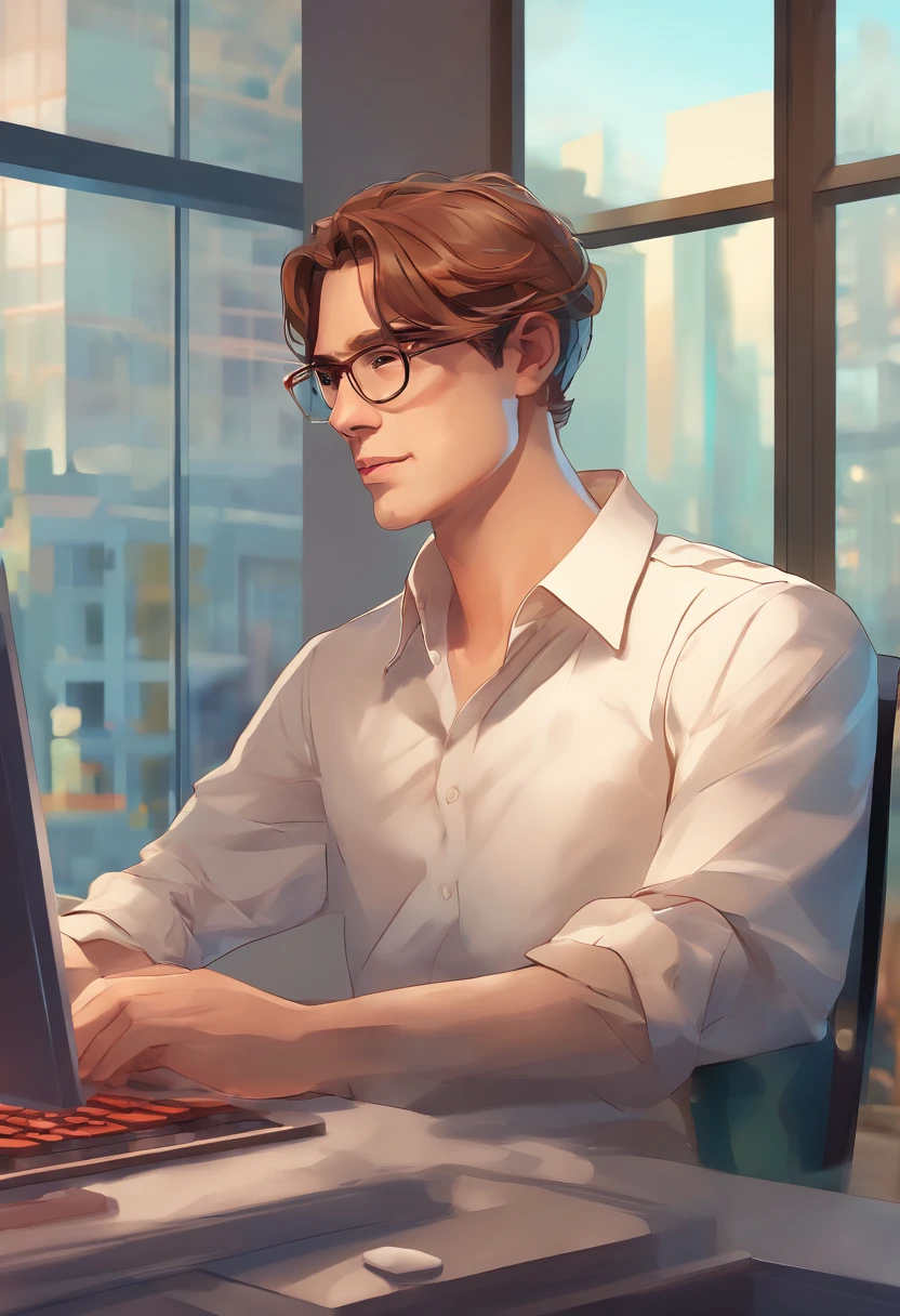 (best quality,4k,highres,ultra-detailed:1.2),a young man,sitting in front of a laptop,white shirt,straight hair,office room,professional environment,concentrated looking,relaxed posture,natural light,neat and organized desk,modern workspace, ergonomic chair,stress-free,productive atmosphere,creative workspace,calm and serene ambience,clutter-free space,computer screen emitting soft glow,keyboard and mouse,decorative indoor plants in the background,window with a view of urban landscape,reflection of the city lights on the glass,peaceful environment,enjoying his work,deep in thought,peaceful music playing in the background,photorealistic style,vivid colors,neutral color palette,subtle shadows and highlights,soft lighting,well-defined facial features,sharp focus on the eyes,hands-on the keyboard and mouse,clear and bright skin complexion,steel frames of glasses reflecting the light,detailed hair strands and texture,relaxed expression on his face,sleek and minimalistic design,high contrast between the subject and the surroundings,perfectly balanced composition,professional and sophisticated appearance,confident body language,intellectual,creative thinker,inspiration and motivation,evoking a sense of productivity and success.