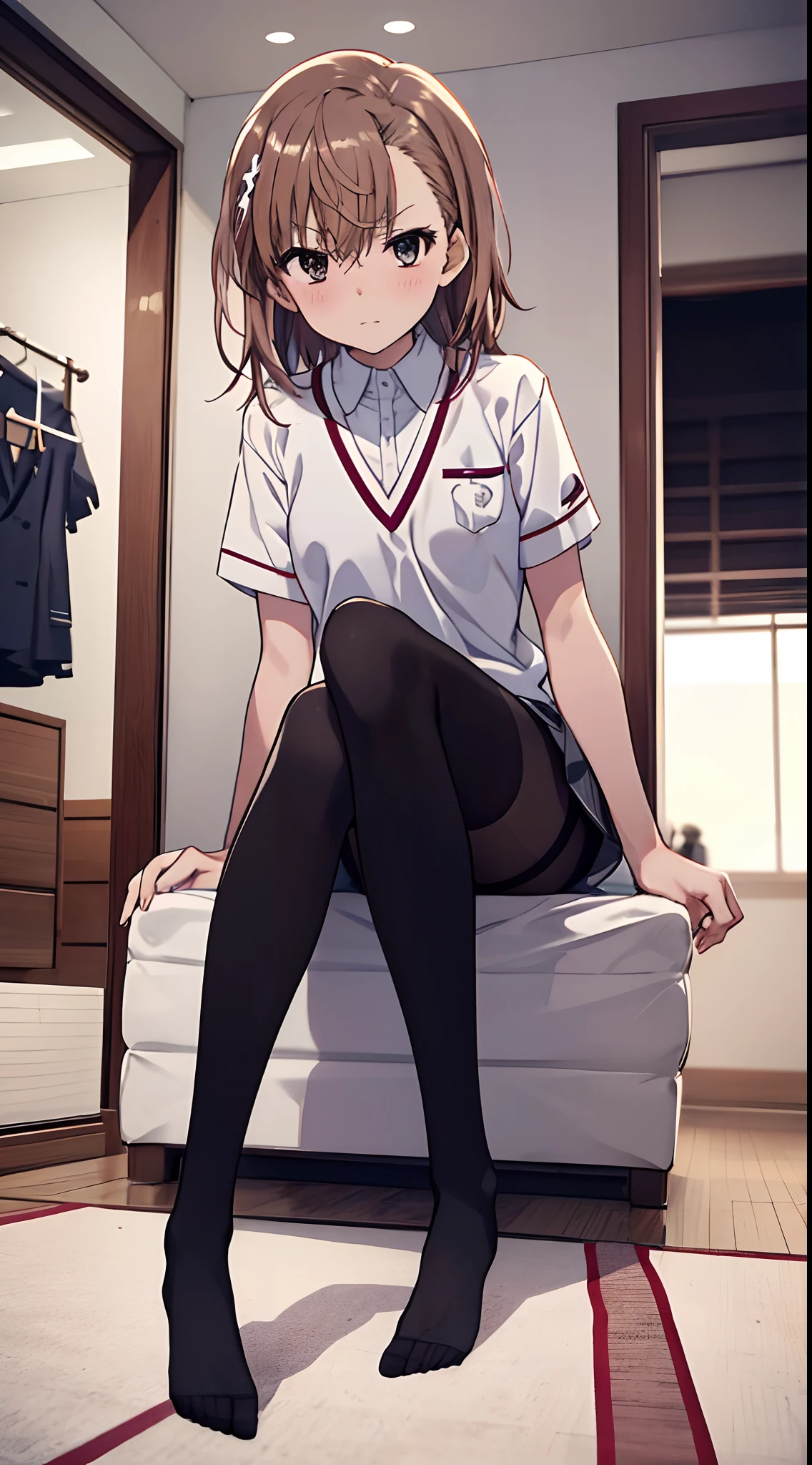 Misaka Mikoto、Misaka Mikoto、Mature and slender body shape1Japan of people18Year old girl、solo、slightly disheveled hair、Full body from head to leg、Composition from slightly below、Sitting facing the front、M-shaped legs、Holding your feet、small tits、High school girl in underwear、White bra、white panties、Black pantyhose、(Black_pantyhose):1.2)、Show white panties through stockings、No shoes、Bedrooms、inside in room、during daytime、Facial expressions of sweating and uplifting、blushing、looking at the viewers、Panchira、Composition from the front、watching at viewers、White panties are visible