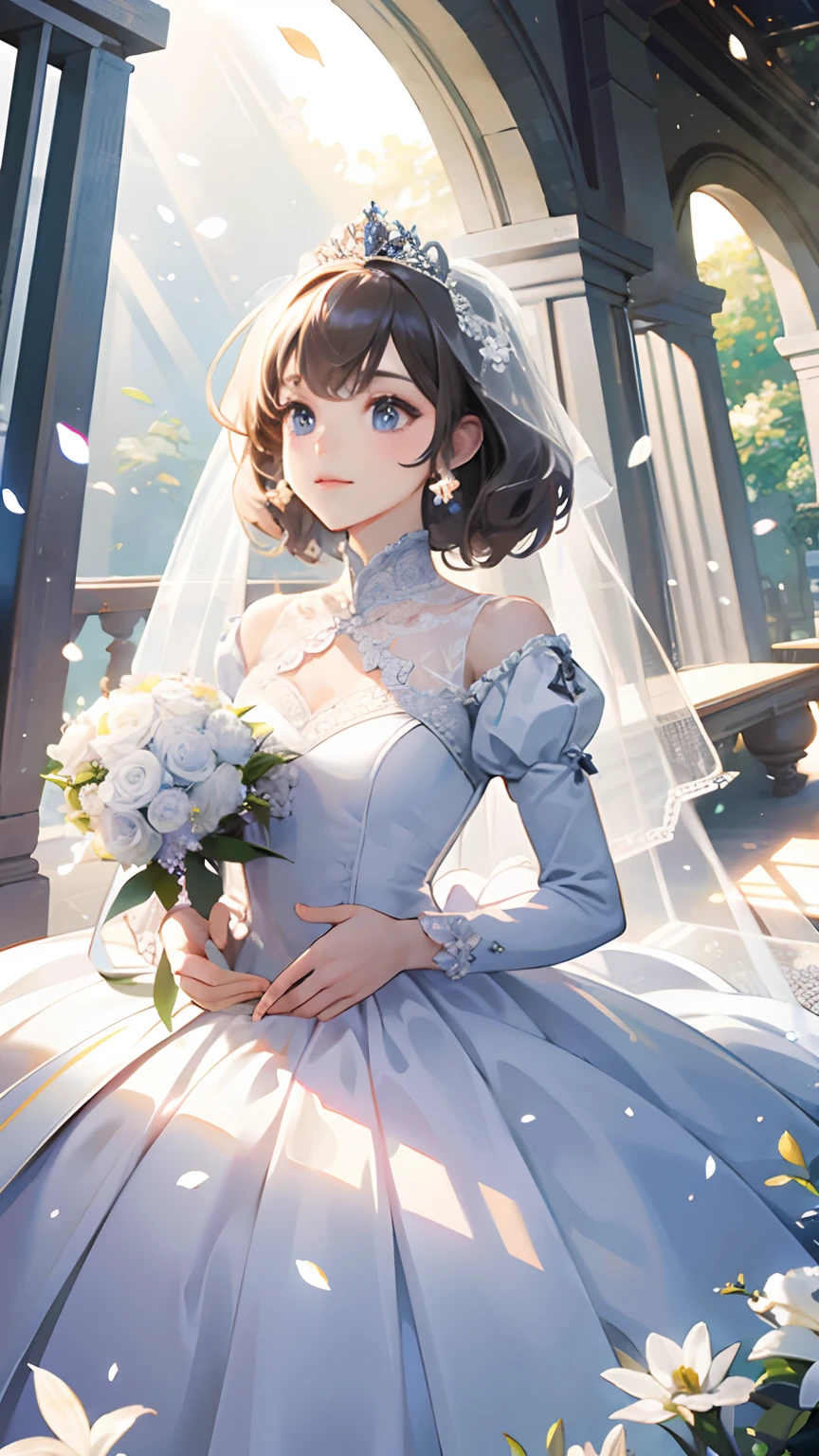 ((best quality)), ((masterpiece))  WEDDING PRINCESS DRESS, light ray, lens flare, white petals, long coated cat, exotic