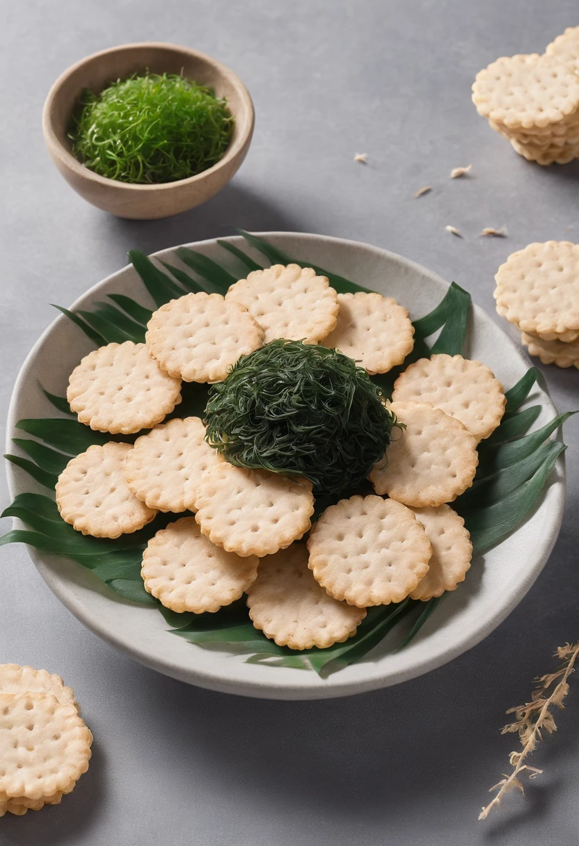 Delicious seaweed rice crackers, Cinematic, Professional Photography, Studio Lighting, Studio Background, advertising photography, Intricate details, ultra-detailliert, A hyper-realistic, 8K UHD