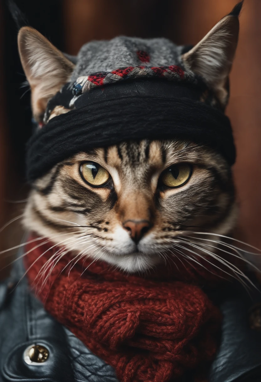 photo of a cat wearing a hat and scarf, trendy Art Station, dressed in punk clothes, hyper realistic detailed rendering, British gang member, urban style, intimidating pose, planet of cats, trendy clothes, urban samurai, meow, West Slavic traits, 8 1 5