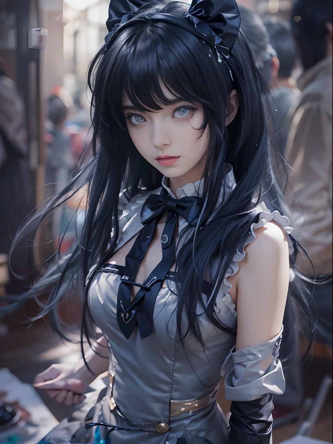 Cosplay,angle of view,Natural lighting,1girll,Solo,
Lolita_Dress,Standing,bonnet,
Large crowds,Cosplay,bblurry,Blurry,the background is blurred,NSFW,
insanely detaileda,Works by Gregory Cladson,Yoji Shinkawa,Guy Denning,James Jane and Liz Gale,Ink drip,Paint Splatter,((Chiaroscuro)),((((Textured)))), Blunt bangs, long dark blue hair, Purple eyes, double tails,full body Esbian,blackstockings
