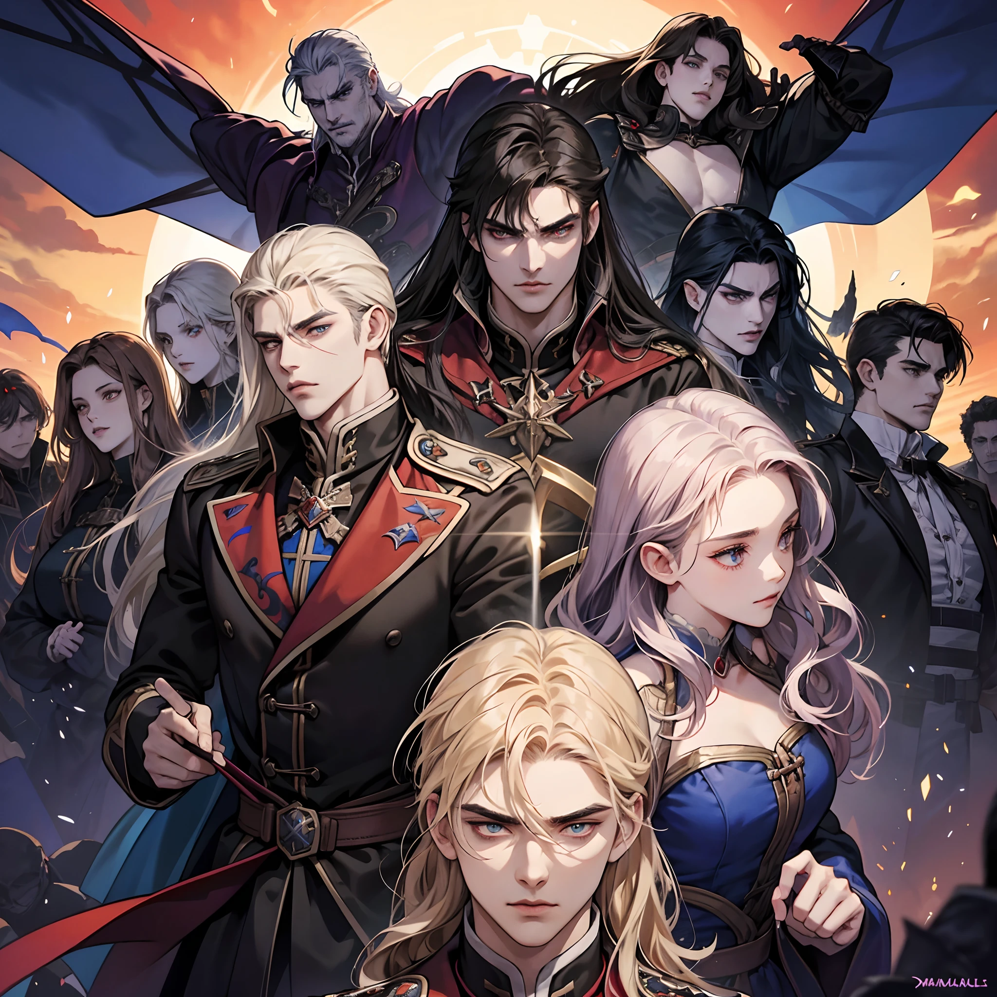 Castlevania Shadow Lord beau musclé Lord Dracula menant des troupes armées de démons à la guerre hyper réaliste super détaillé Pose dynamique super détaillé visages hyper réaliste super détaillé