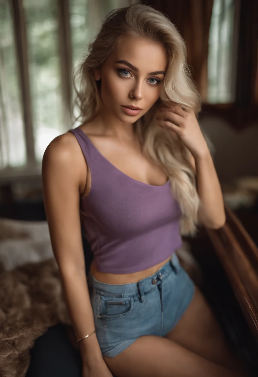 Woman with matching tank top and panties, Sexy girl with blue eyes, portrait sophie mudd, portrait corinna kopf, blonde hair and large eyes, Selfie einer jungen Frau, Augen im club Violet Myers, ohne Make-up, Natural makeup, Blick direkt in die Kamera, Gesicht mit Artgram, dezentes Make-up, Stunning full body shot, im Schlafzimmer, Spaltung