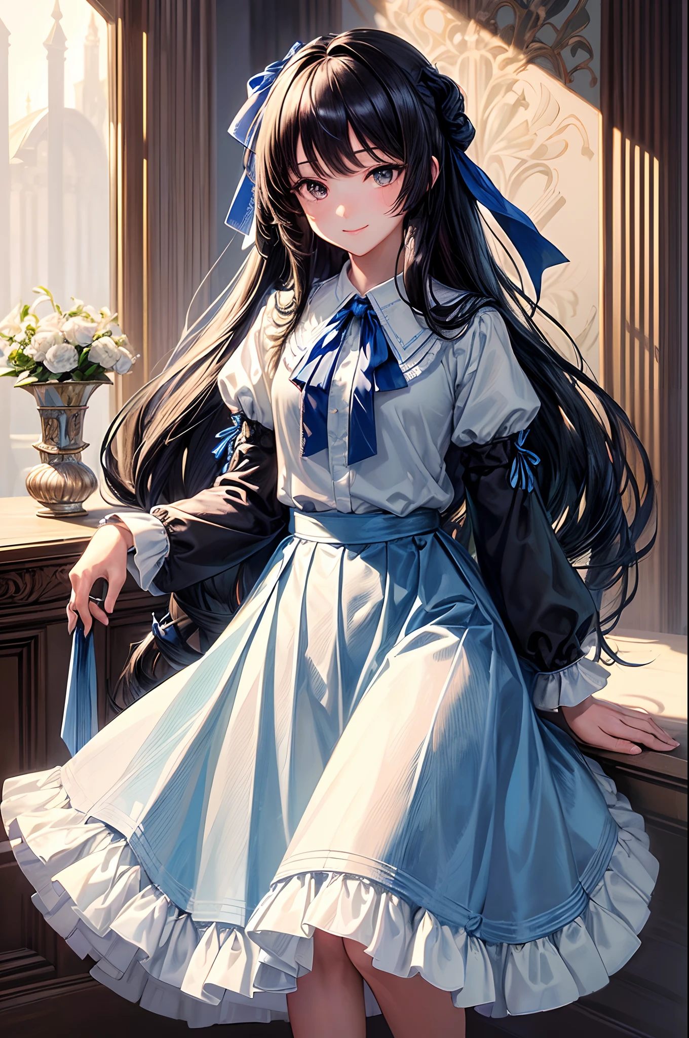 Masterpiece, Top quality, high resolution, Very detailed, Detailed background,(Florent Chrome, (Black hair, semi long hair, Horsetail blue ribbon),(White blouse, Short blue ribbon tie, Blue long skirt), small, Neat, Black eyes,research, Gentle smile), Scale out, Chic learning, vases