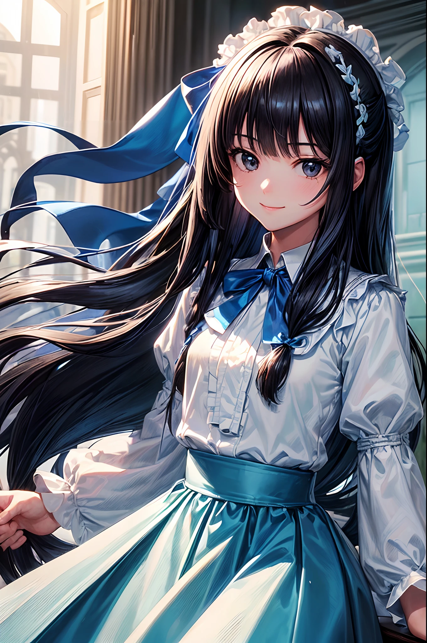 Anime girl with long black hair wearing a blue dress and a bow - SeaArt AI