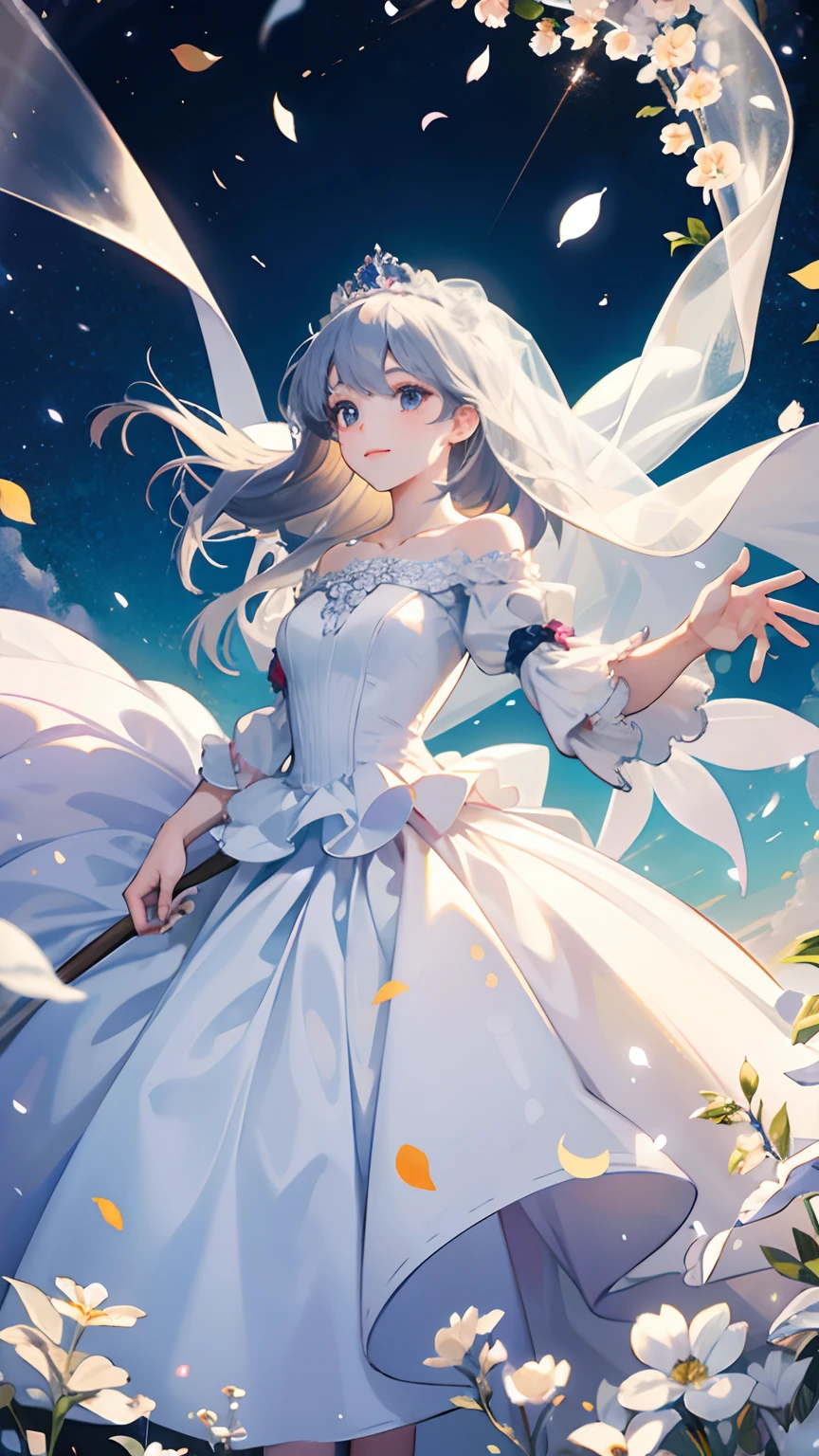 ((best quality)), ((masterpiece)) WEDDING PRINCESS DRESS, light ray, lens flare, white petals, long coated cat, exotic