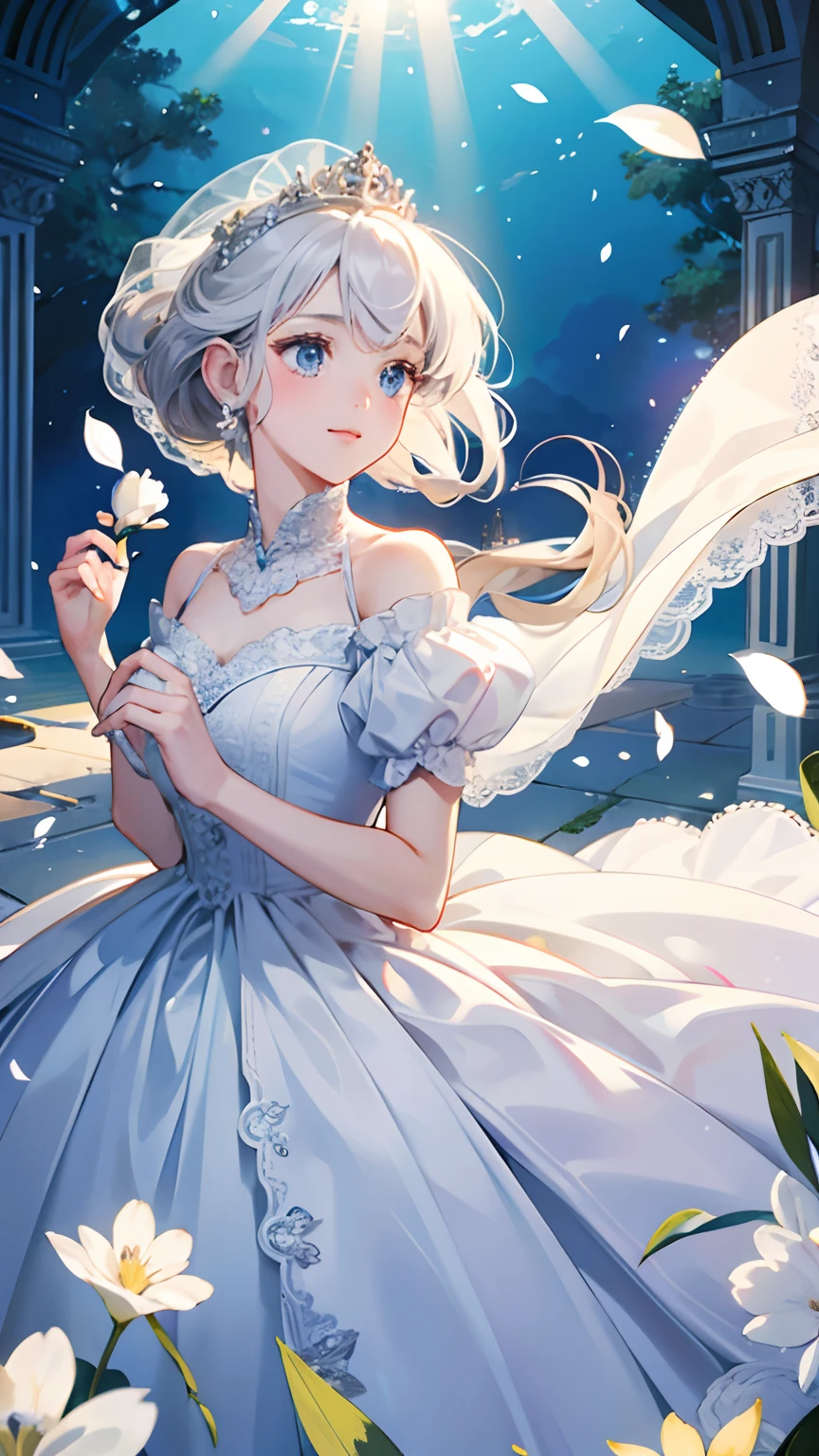 ((best quality)), ((masterpiece)) WEDDING PRINCESS DRESS, light ray, lens flare, white petals, long coated cat, exotic