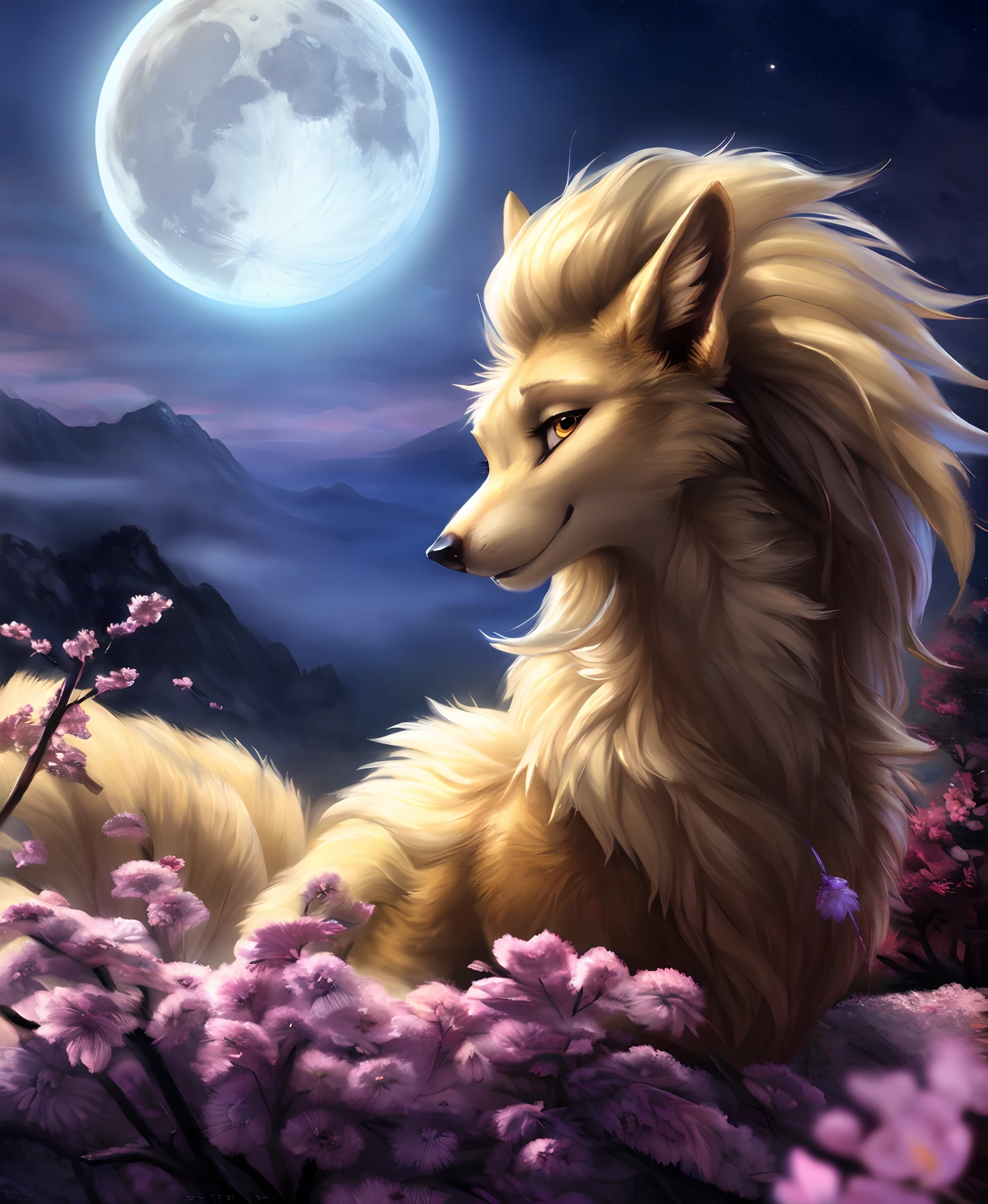 ((solo)) (feral, ninetales), female, looking at viewer, cherry blossom, night, fog, flower, multi tail, full moon,, best quality, shaded, extreme detail, highly detailed, ultradetailed, intricate, realistic, detailed background, hi res, realistic, photography \(artwork\), (by kenket), by ross tran, by michael & inessa garmash, by pino daeni, by isvoc, by kiguri, by alena aenami, by ruan jia, (by zenthetiger, by wolfy-nail), by Enki Bilal, by drmax, photorealism,