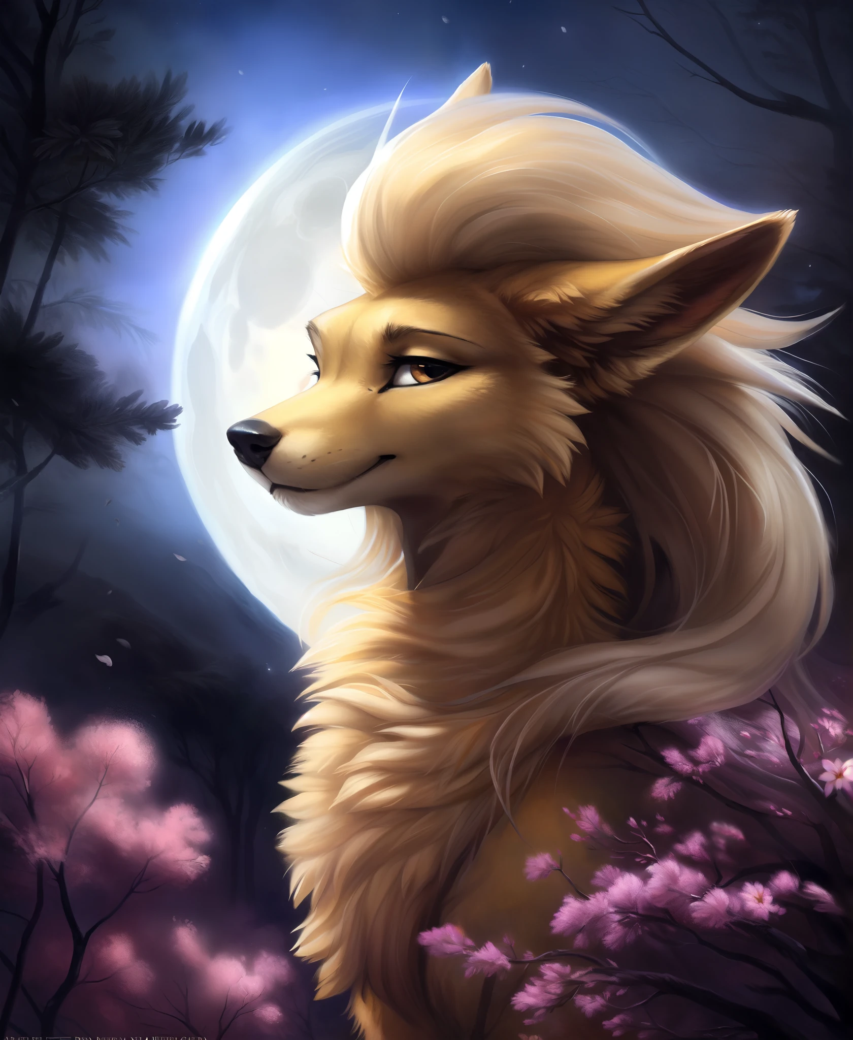 ((solo)) (feral, ninetales), female, looking at viewer, cherry blossom, night, fog, flower, multi tail, full moon,, best quality, shaded, extreme detail, highly detailed, ultradetailed, intricate, realistic, detailed background, hi res, realistic, photography \(artwork\), (by kenket), by ross tran, by michael & inessa garmash, by pino daeni, by isvoc, by kiguri, by alena aenami, by ruan jia, (by zenthetiger, by wolfy-nail), by Enki Bilal, by drmax, photorealism,