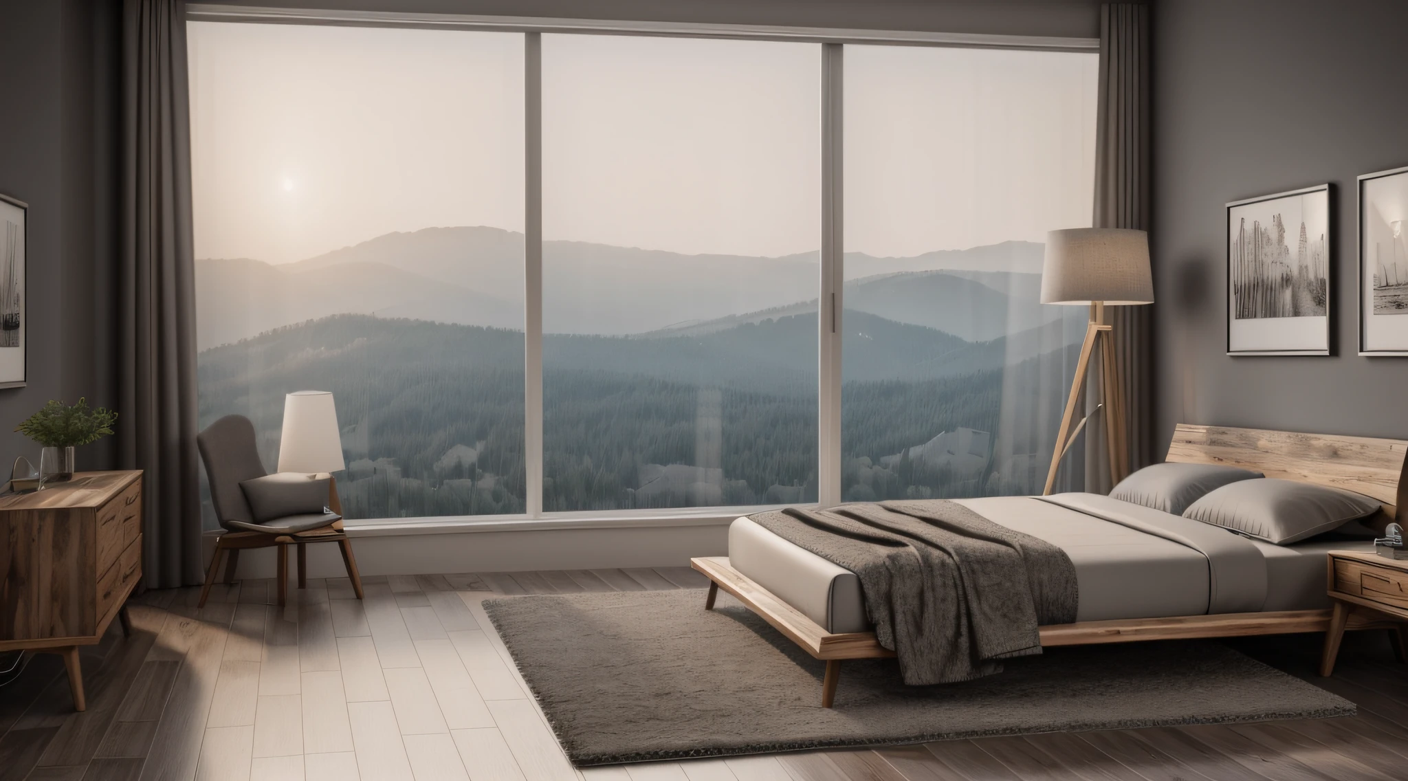 photo realistic, hd high res ultra high quality view ,white wall, charcoal Grey fabric bed,grey modern rug under bed, grey sofa,wooden floor, lamp,grey window frame,perfect clear glass, perfect composition, beautiful detailed intricate insanely detailed octane render trending on attestation, 8 k artistic photography, photo realistic concept art, soft natural volumetric cinematic perfect light, chiaroscuro, award - winning photograph, masterpiece, 3d rendering, front view plan, realistic, hyper realistic, intricate details,hd details,128k,(sharp lines)(use vivid multi dark colors)(3d rendering)((Wooden floor ))