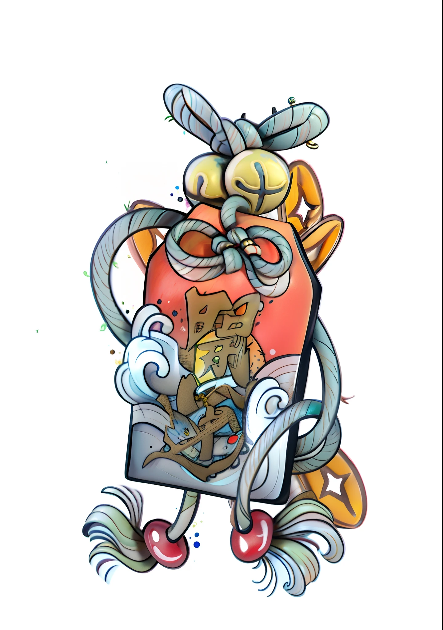 Japanese amulet Japanese elements,Bell knots,。.3D,Clay texture,Tattoo blueprints,Very detailed,k hd,concept-art,realisticlying,Blander,。.3D,C4D,concept tattoo design, inspired by Nōami, inspired by Kanō Mitsunobu, tattoo design,