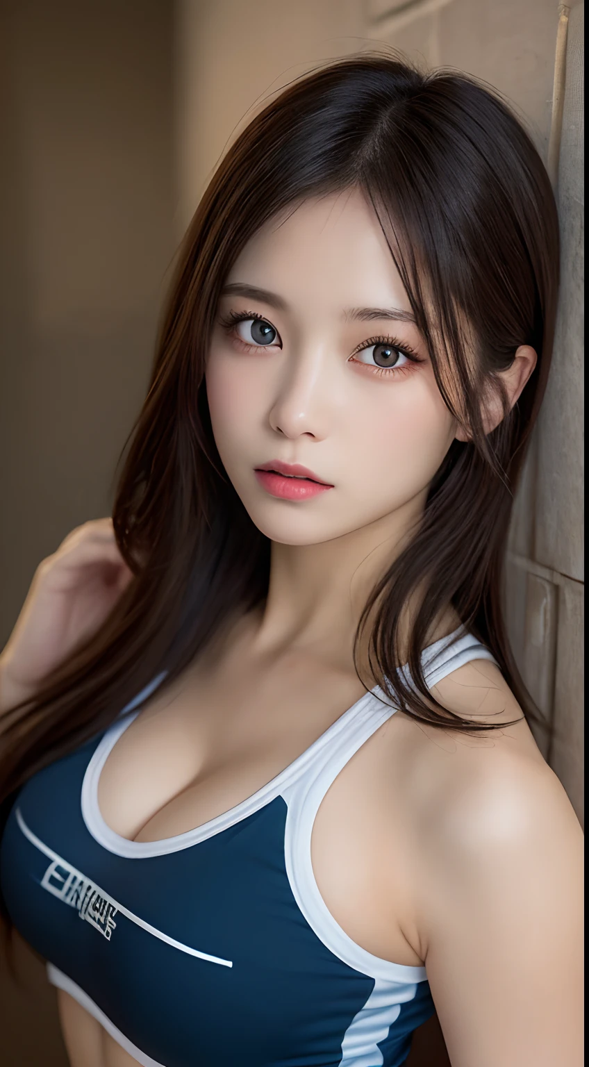 Realistic photos of (1 cute Korean star) hair over one eye, thin makeup, 32 inch breasts size, wearing purple tank top, sitting at water park , close-up portrait, UHD