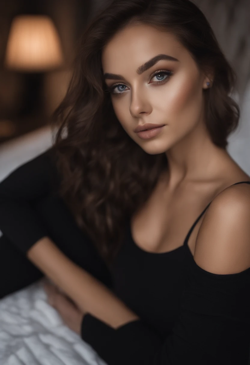 puffy woman wearing black outfit, sexy girl with brown eyes, portrait Sophie Mudd, brown hair and big eyes, selfie of a young woman, bedroom eyes, violet myers, no makeup, natural makeup, looking directly at the viewer, body straight forward , straight head, face with artgram, subtle makeup, stunning full body photo, in the bedroom, cleavage