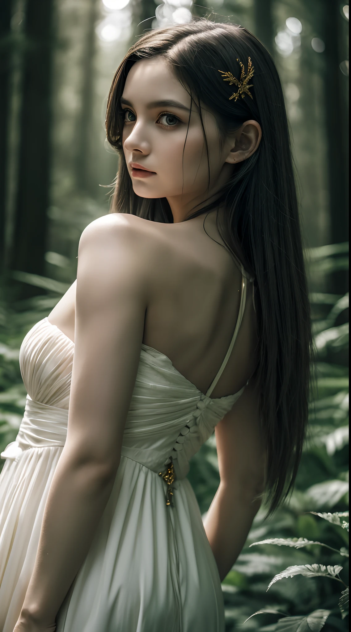Stunning girl with long gray hair, Fair skin, And red eyes, In the forest with movie lighting, dark and gloomy. She wears a golden white dress, Her eyes focused, Looking at the viewer. Her skin is fair, Her face is delicate and perfect, Super masterpiece, best quality work of art. The images are incredibly detailed 8K CG wallpapers, Cinematic tones with artistic cinematic lighting and neutral filters.