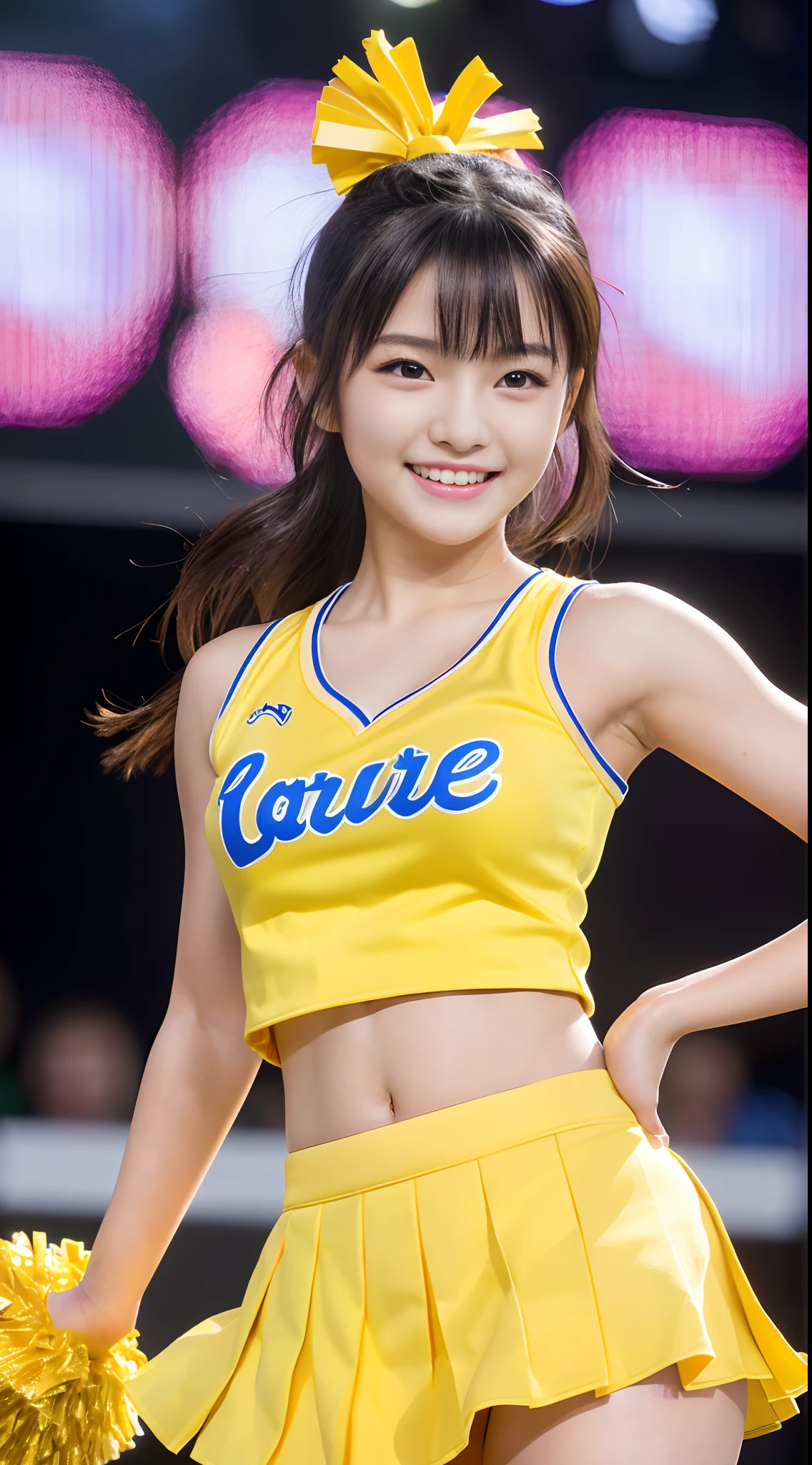 (Best Quality, master piece, Ultra high resolution, (Photorealsitic:1.4), Raw photo, extremely detailed), cowboy shot, dynamic pose, (1girl, 16-years-old, Japanese idol and the most popular cheerleader, dancing at school festival's stage, upturned ass), (wearing yellow Cheerleader's sleeveless shirt and yellow pleated mini skirt), Holding pom-poms in her both hands, (((amazingly cute smile, extremely cute face like a Japanese famous idol, surprisingly beautiful big black eyes))), detailed face, detailed eyes, detailed hair, detailed body, detailed hands, detailed arms, detailed thighs
