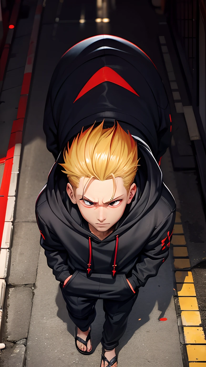 man walking on japan street with black hoodie, close up, red eye, blonde hair