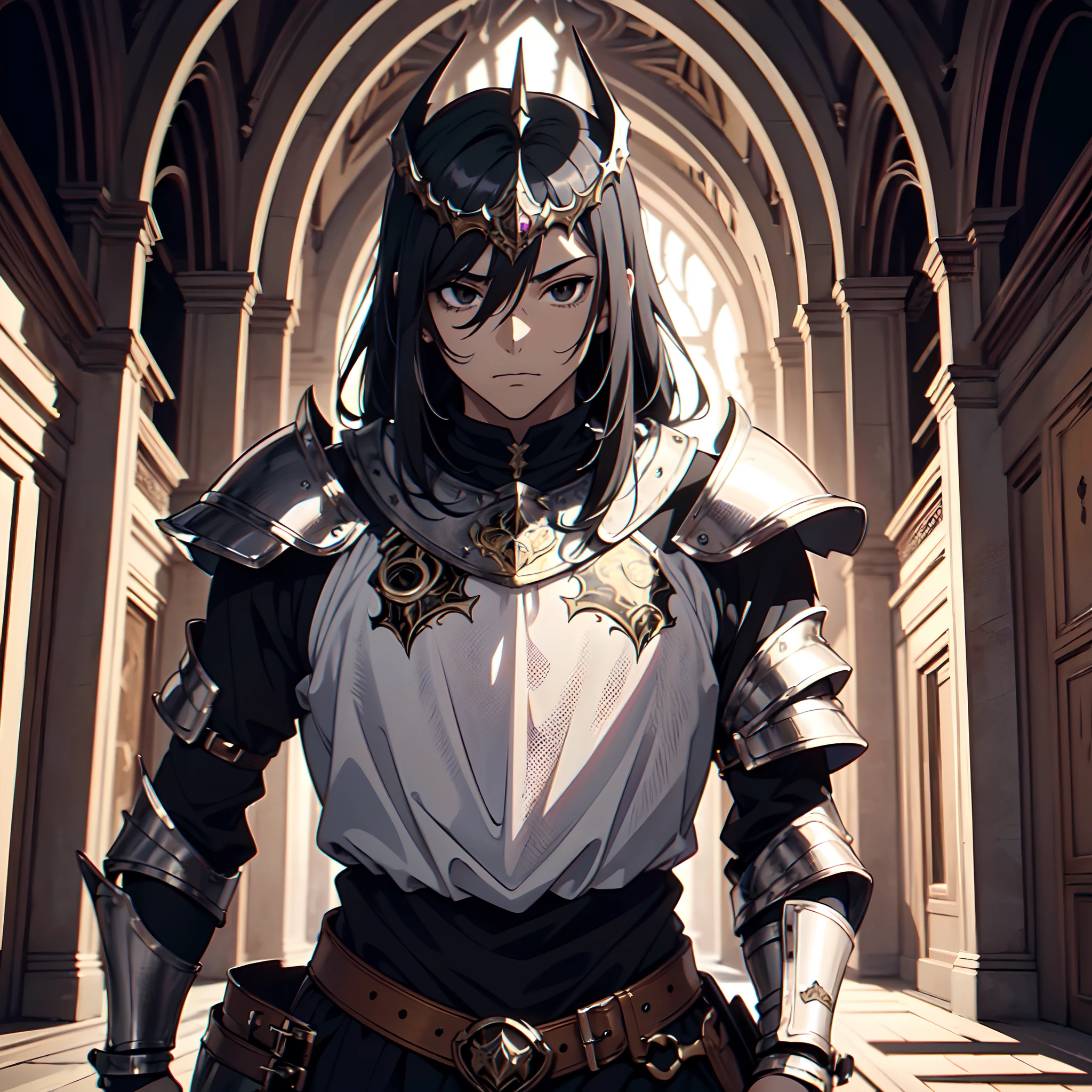 Armand Guillemann style, character concept design, half-painted, depicts a female warrior with a golden horn helmet, wearing black armor, although wounded, (she throws herself on the ground :1.5), her eyes are tearful, but her expression is fierce, and she leans forward slightly, as if standing with her last strength. (Blood drips from between the fingers of her right hand, smearing her armor and palm)) But her expression is one of bitter weeping, clenching her teeth, unwilling to show weakness. Her eyes are the most striking part. Those bright eyes, full of indomitable perseverance, glistened with tears. Her eyes were fixed on the camera as if she were glaring at an unseen enemy, and her haughty head never lowered even in defeat. In the background, splattered blood surrounds the female warrior, forming a tragic and shocking picture. The color of the blood contrasts with the dark color of the armor, highlighting her bravery and indomitability