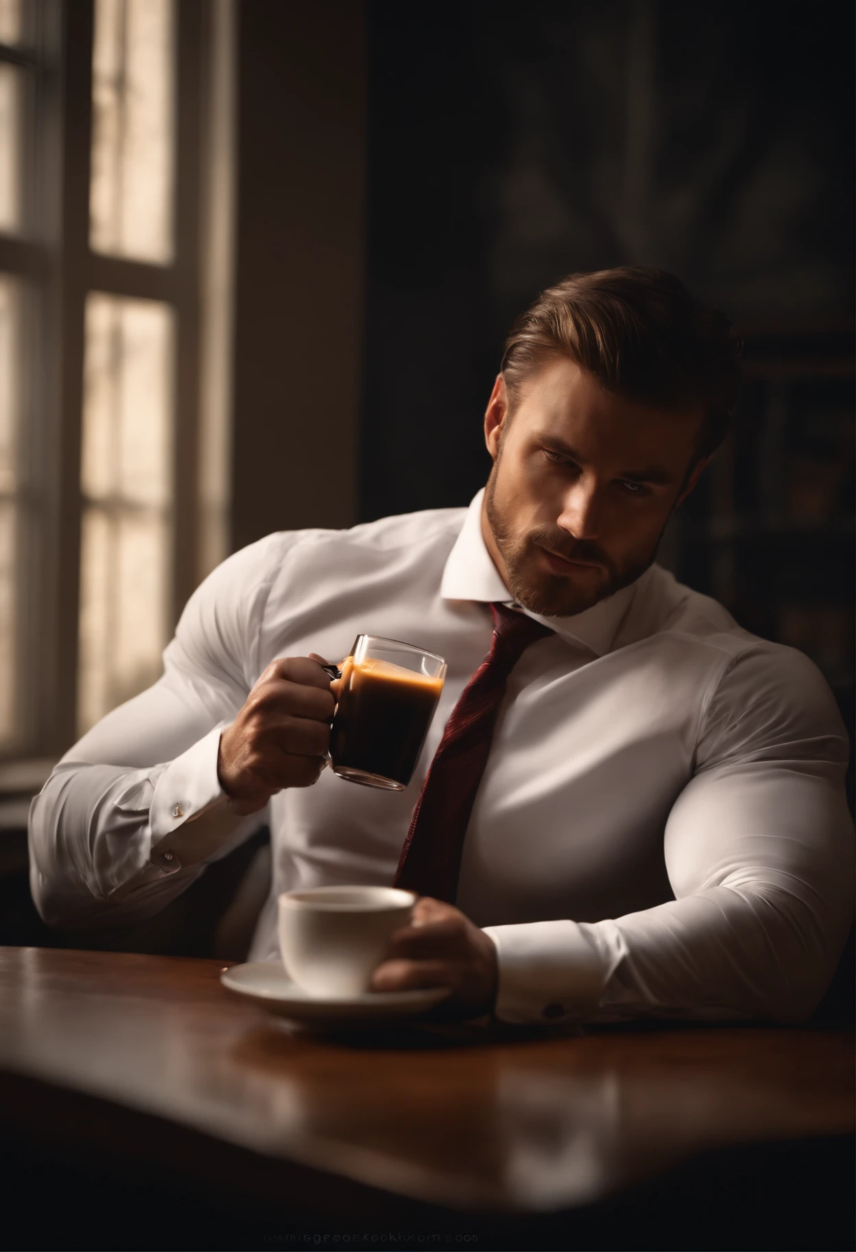 1man,
a 30 y.o muscular male wearing long-sleeve white shirt and tie, drinking coffee,
soft lighting,
masterpiece, best quality, 8k uhd, dslr, film grain, Fujifilm XT3 photorealistic painting art by midjourney and greg rutkowski