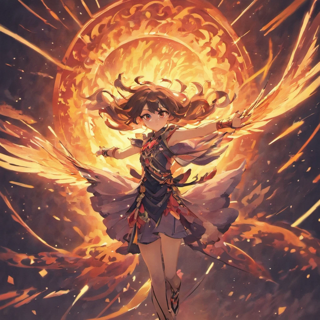 Black draft:1.4),(Girl riding a phoenix, Eyes closed, colorfull long hair, Oriental elements,Faraway view,Colorful background,many flames,Strong sense of atmosphere,Orange dominant color),(Chinese illustration:1.3,paper art:1.3, Quilted paper art:1.2),( reasonable design, Clear lines, High sharpness,Best quality, Very detailed, Masterpiece, movie light effect, 4K )