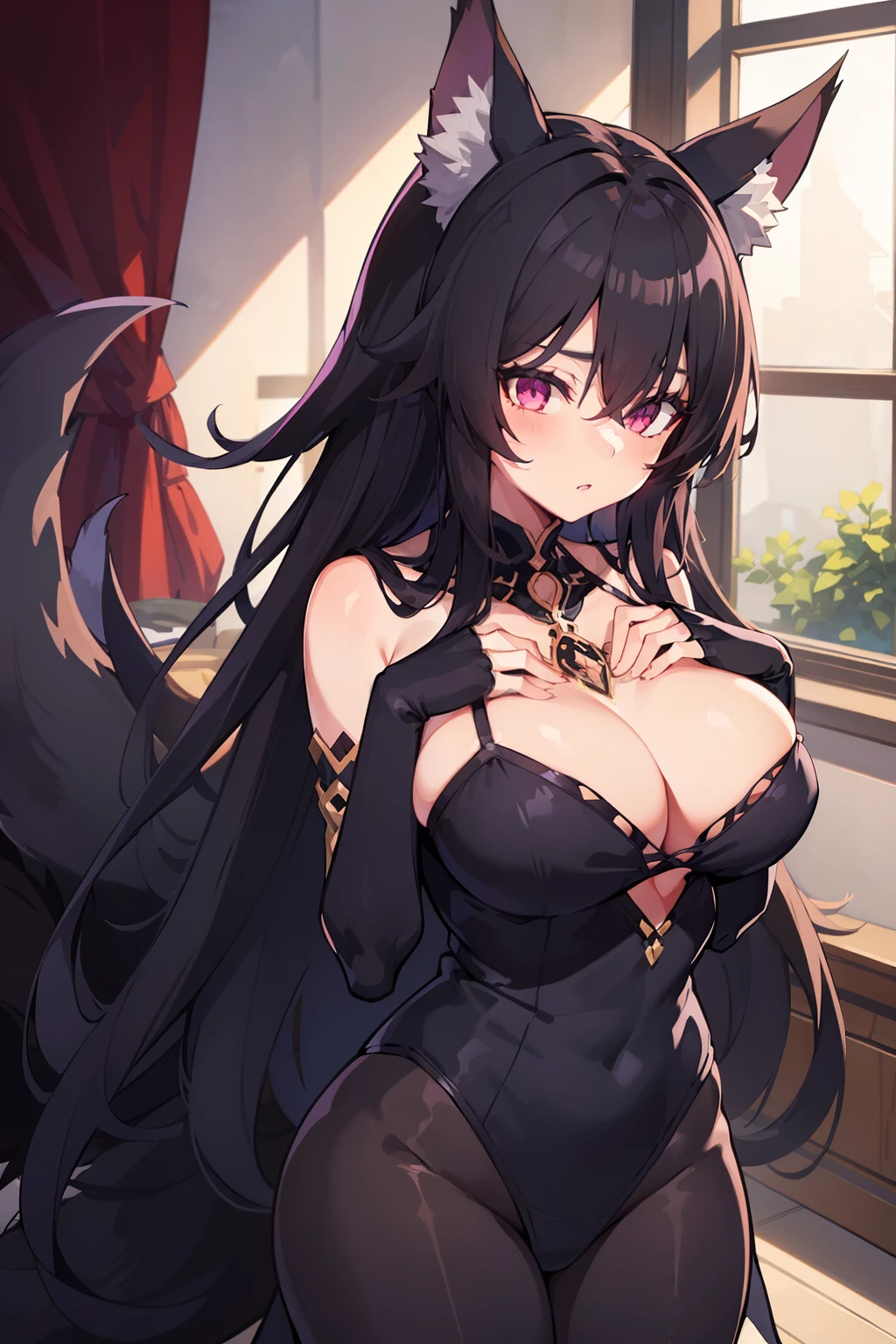 1girl, negligee, long hair, brown hair, hands on own chest, large breasts,
masterpiece, best quality, highly detailed, black long hair, black stunning eyes, fox ears, fox tail
