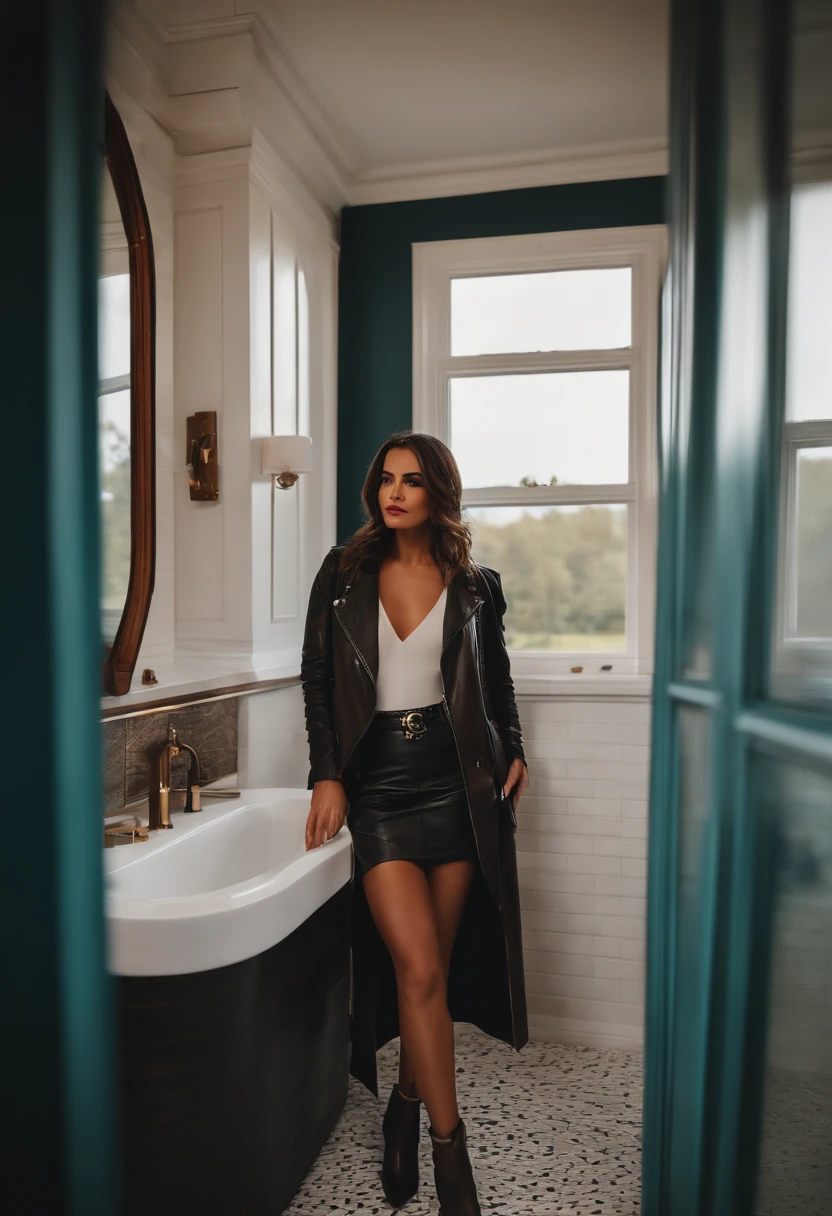 Sexy Business woman in suit. Soaking wet under the shower. Satin blouse, with open busty cleavage.